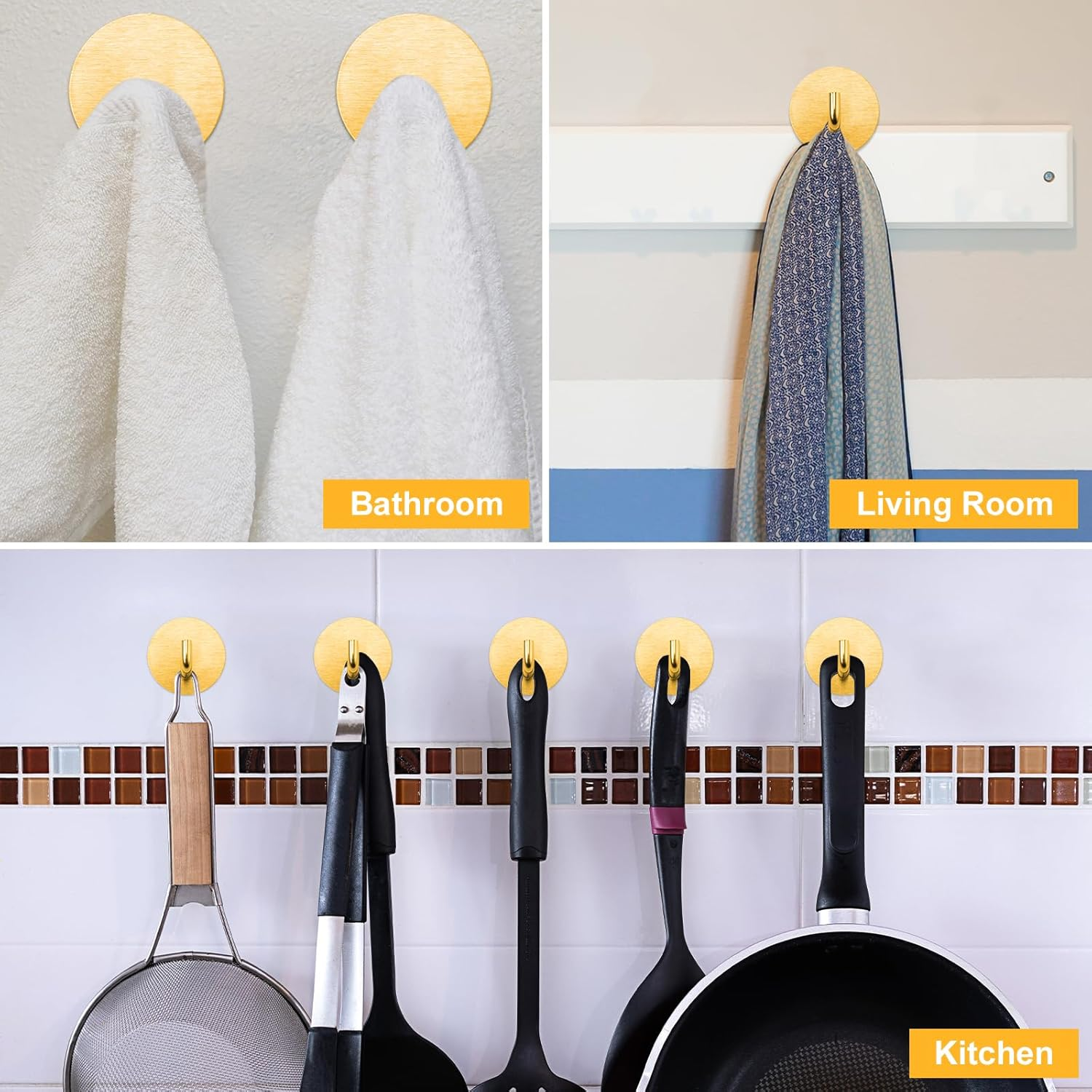 8Pcs Sticky Hooks, Stainless Steel Towel Hooks Adhesive Wall Hooks Waterproof Bathroom Hooks for Kitchen Bathroom Bedroom (Gold) image number 4