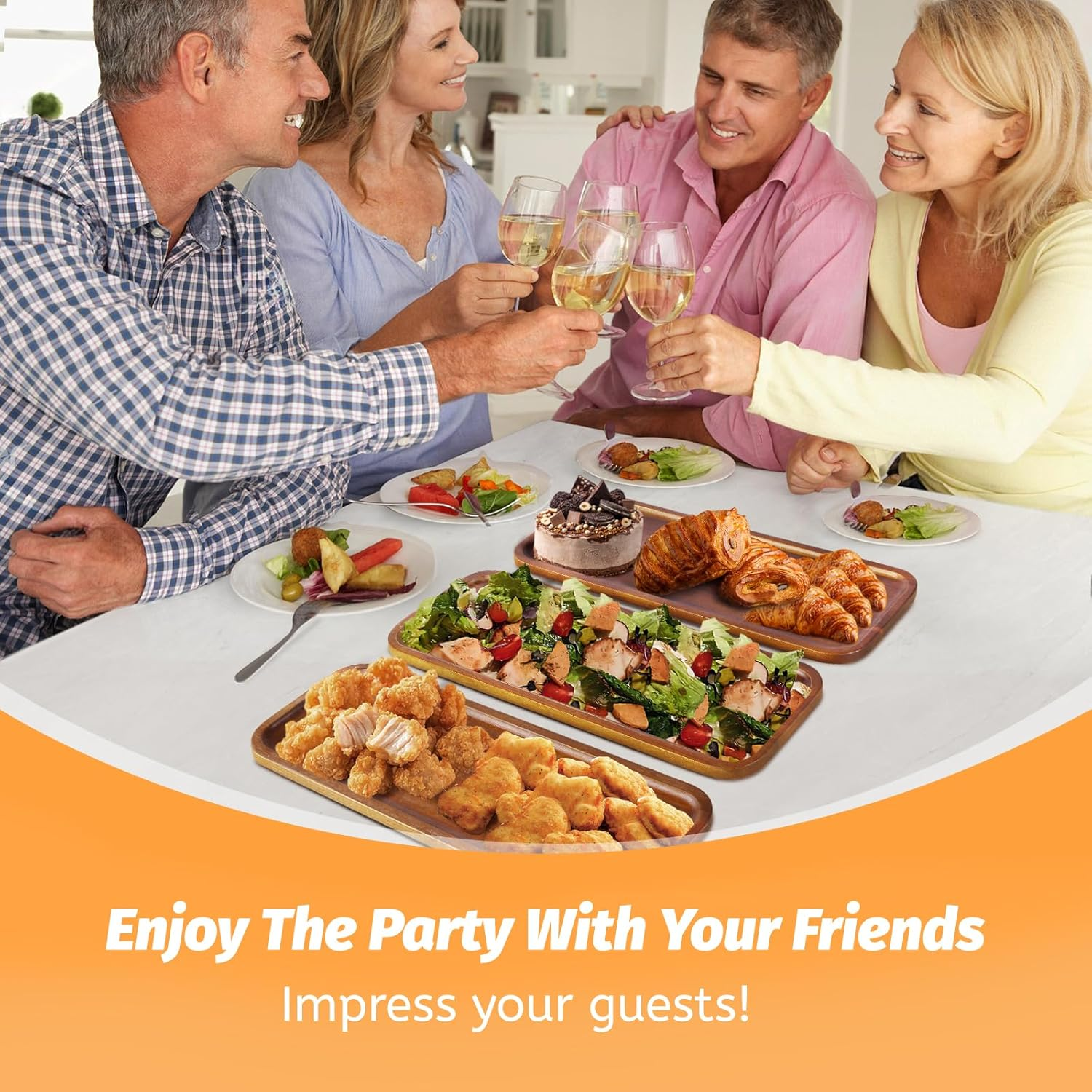 Solid Acacia Wood Serving Tray - 6 Pack, 14" X 5.5" Rectangular Wooden Serving Platter, Wood Boards for Food, Mini Cheese Board for Vegetable, Charcuterie, Appetizer, Decor by HOMKULA image number 1