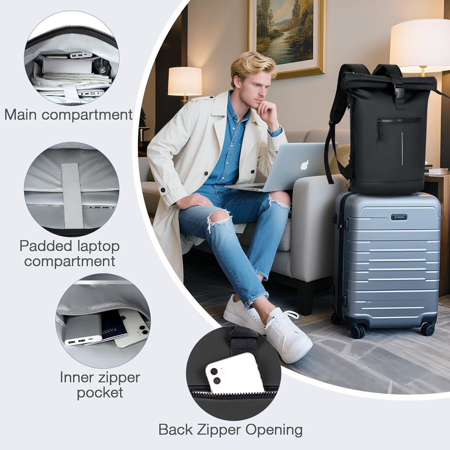 Lekebobor Rolltop Backpack Laptop Backpack Womens Mens 17 Inch Waterproof Backpack Dry Bag Roll Top Rucksack for Hiking Cycling Business Travel image number 2