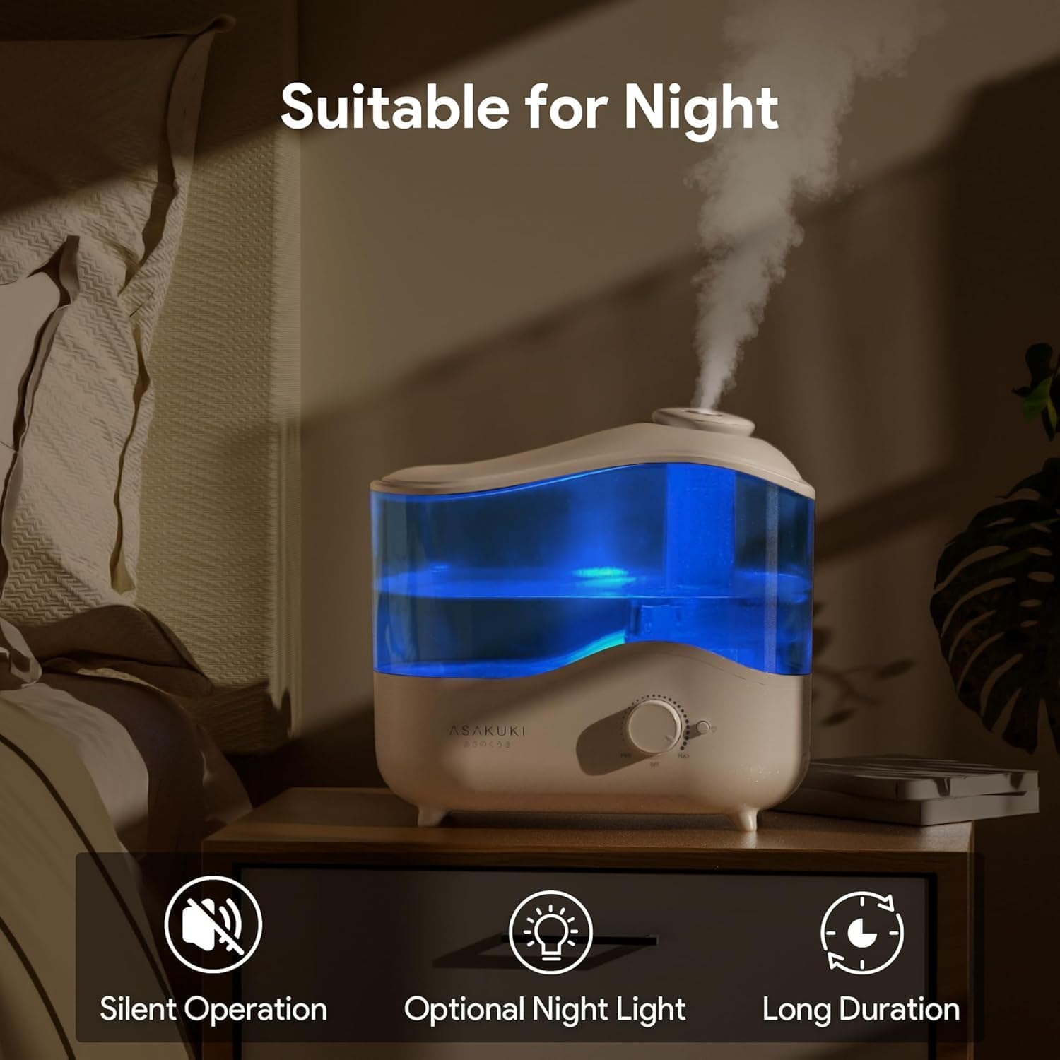 ASAKUKI Air Humidifier for Bedroom, 4L Top Fill Cool Mist Humidifiers for Baby, Plant, Quiet Ultrasonic Oil Diffuser for Large Room, 360&deg;Nozzle, Auto-Shut Off, Night Light, BPA Free image number 5