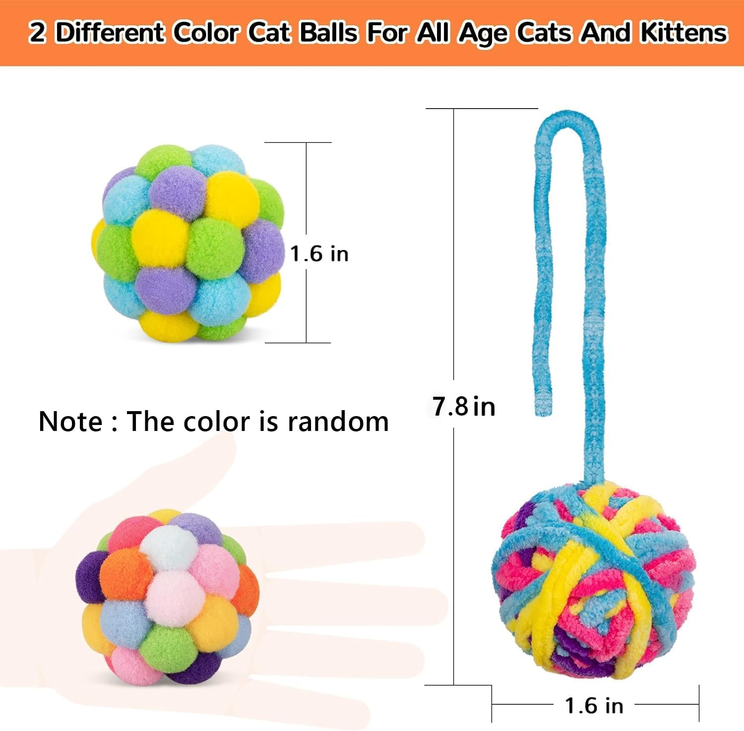 Cat Toys Ball 6 Pcs,Yarn Cat Balls with Bells Inside,Interactive Kitten Toys for Indoor Kitten Chew,Kitty Toys Fuzzy Ball with String Color Random