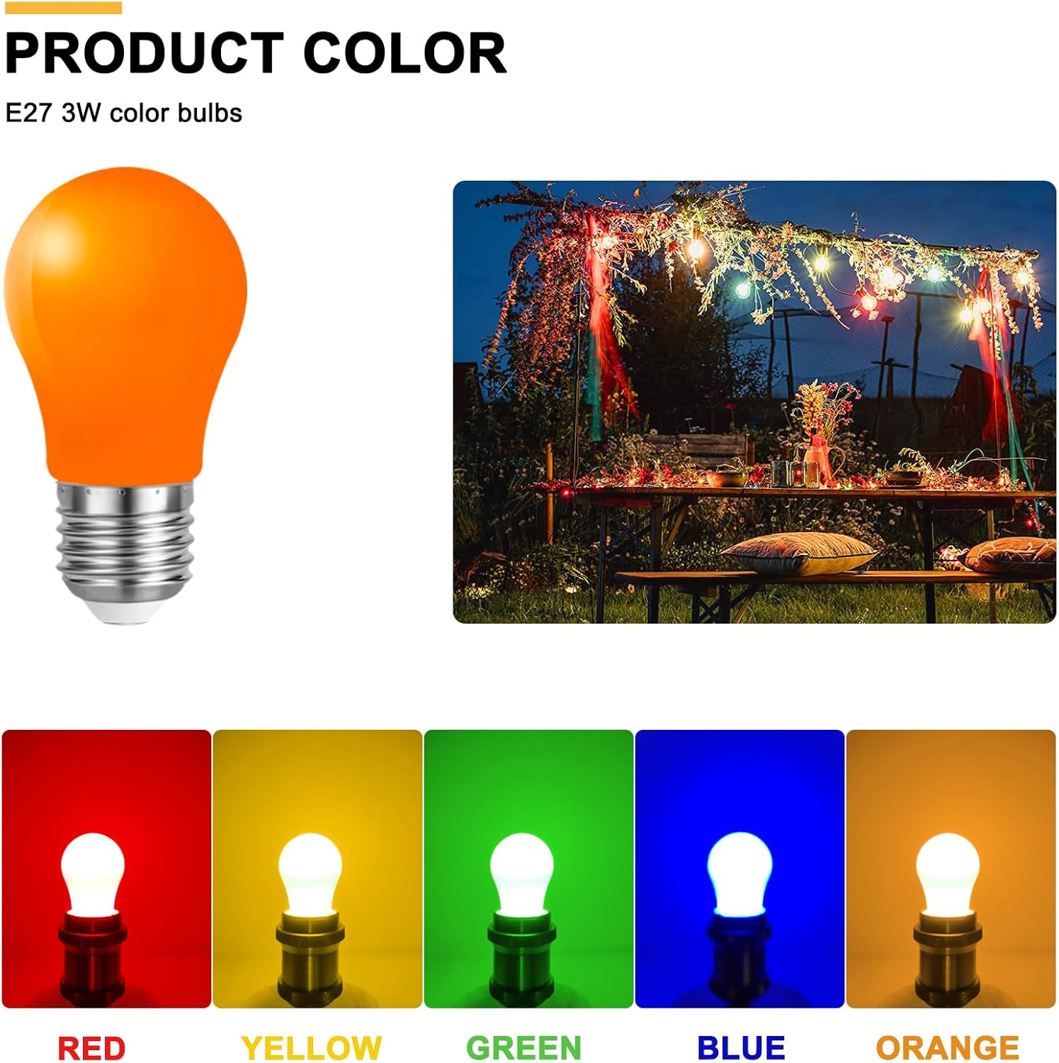 Belaufe LED Colourful Light Bulbs E27 3 W, E27 Coloured LED Bulbs, Decorative LED Lamp Outdoor, 220 V AC, Mixed Colours, Red, Green, Blue, Yellow, Orange, Pack of 20 image number 4