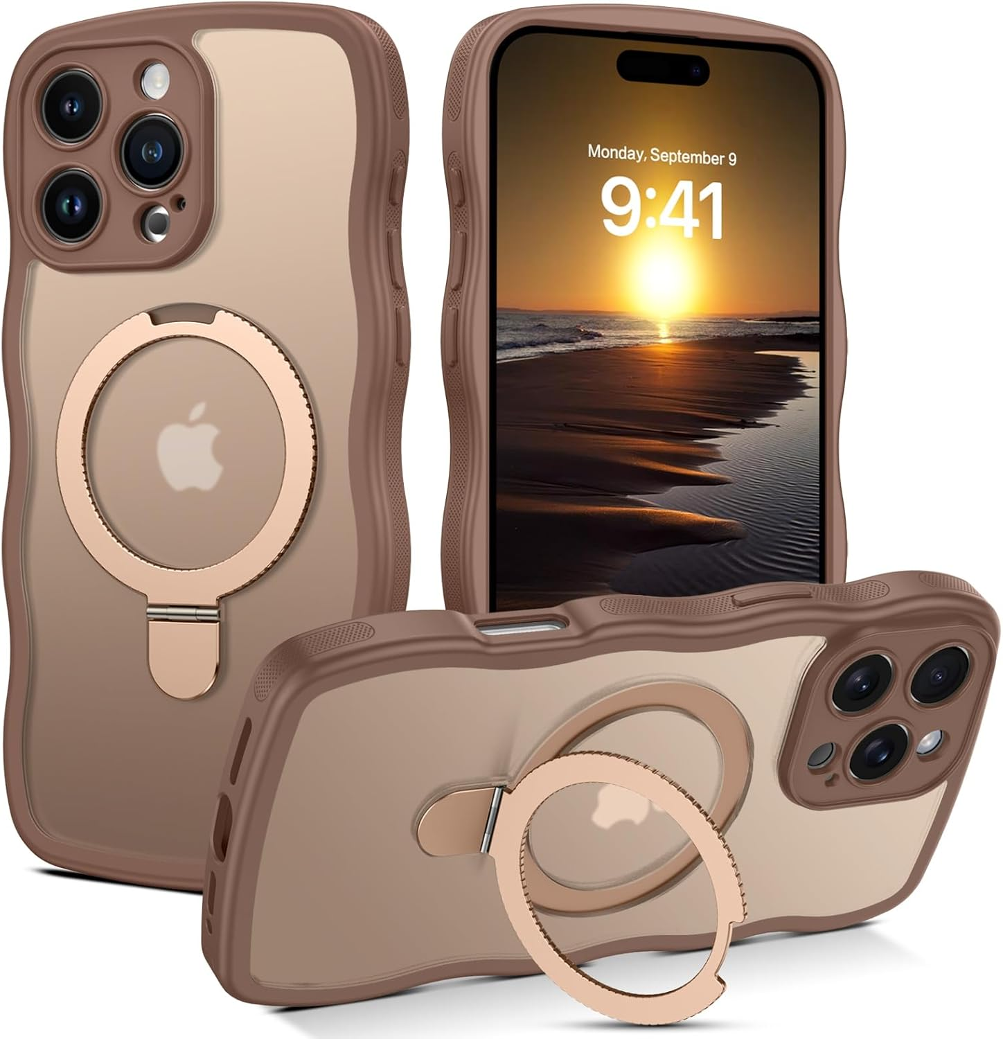Gaobao Magnetic for Iphone 16 Pro Case, [Compatible with Mag Safe], Cute Curly Wave Frame Matte Back Protective Phone Case Cover with Invisible Kickstand for Iphone 16 Pro 6.3'', Desert Titanium Gold