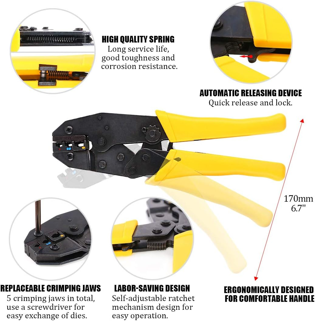 Hilitchi 4 Pcs Wire Crimping Tool Kit Terminal Ratchet Plier with 5 Interchangeable Dies, Wire Cutter/Stripper, Screwdriver, Terminal Removal Tool Key for Insulated Non-Insulated Terminals or Ferrules image number 1