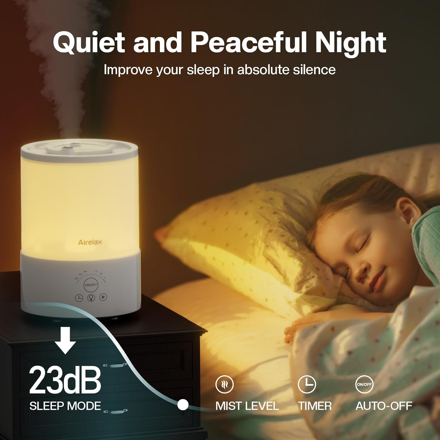 Airelax Humidifier 2.5L Air Humidifier for Bedroom Baby Room Cool Mist Small Humidifier with 360&deg; Dual Nozzles, Top Fill, Quiet Sleep Mode, Auto Shut Off, Humidifier & Oil Diffuser & Night Light image number 6