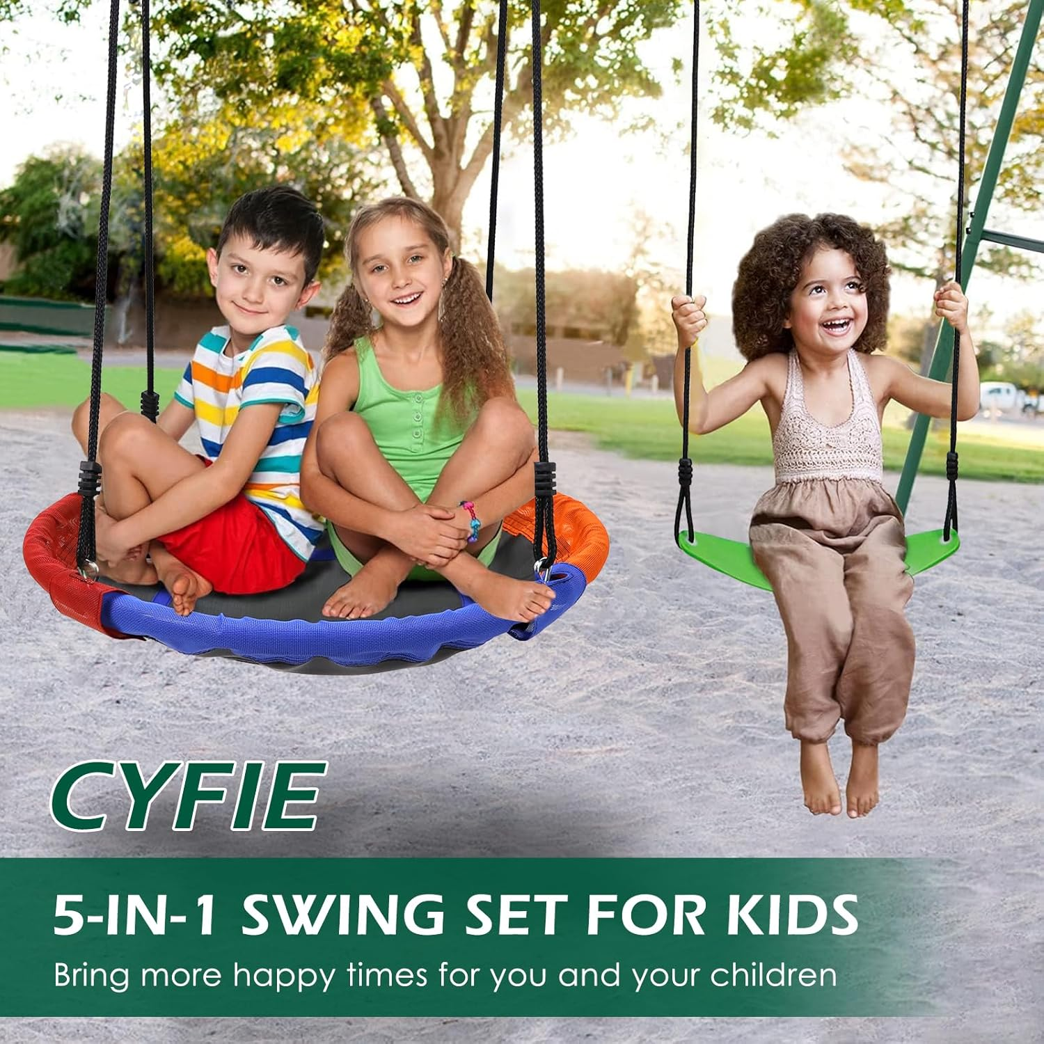 CYFIE 5-In-1 Swing Set for Kids Heavy-Duty Metal Swing Stand Outdoor Playground Equipment W/2 Swings Basketball Hoop, Football Gate for Outdoor Backyard, up to 440.1Lbs (200Kg) Weight Capacity image number 3