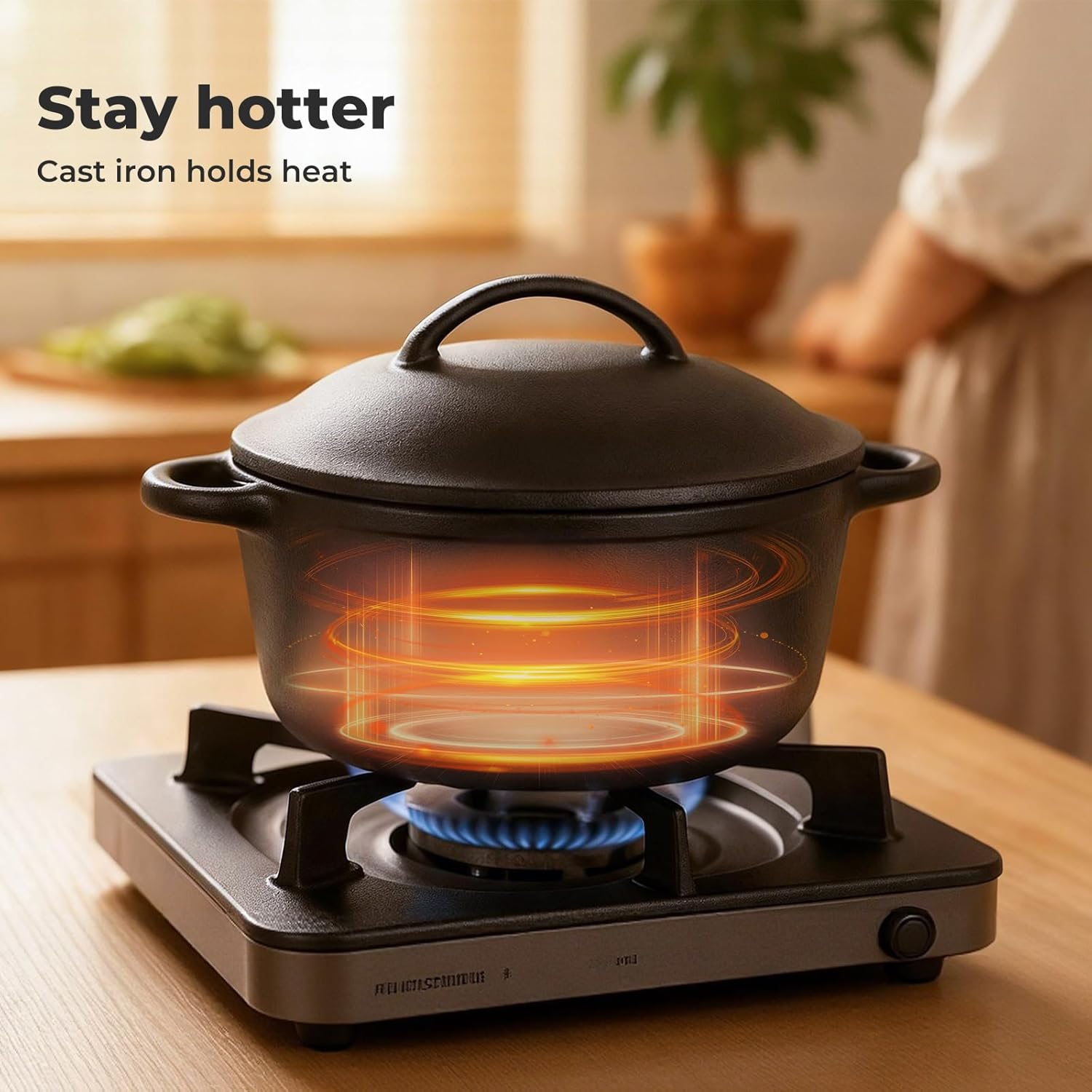 Toque Cast Iron Dutch Oven, Dutch Oven Pot with Lid and Dual Handles, round Pre-Seasoned Pot for Induction Electric Grill Stovetop BBQ Camping, Cast Iron Skillet Cookware, 6.6 Liters, Black image number 2