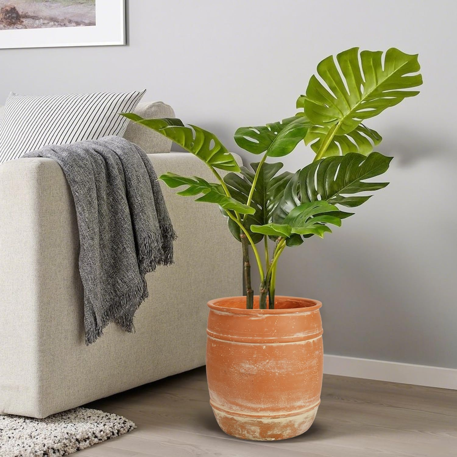 28 H X 24Cm Dia (21.5Cm Pot Opening) Terracotta round Fiberstone Tall Planter with Drainage Hole, Large Pots for Plants Indoor/Outdoor