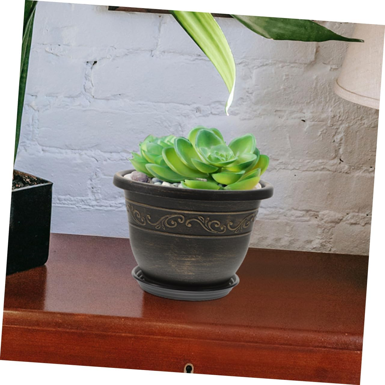 CAXUSD 4Sets Resin Flower Pot round Bonsai Planters Tray Gardening Container for Indoor Outdoor Use Decorative Household Garden Supply