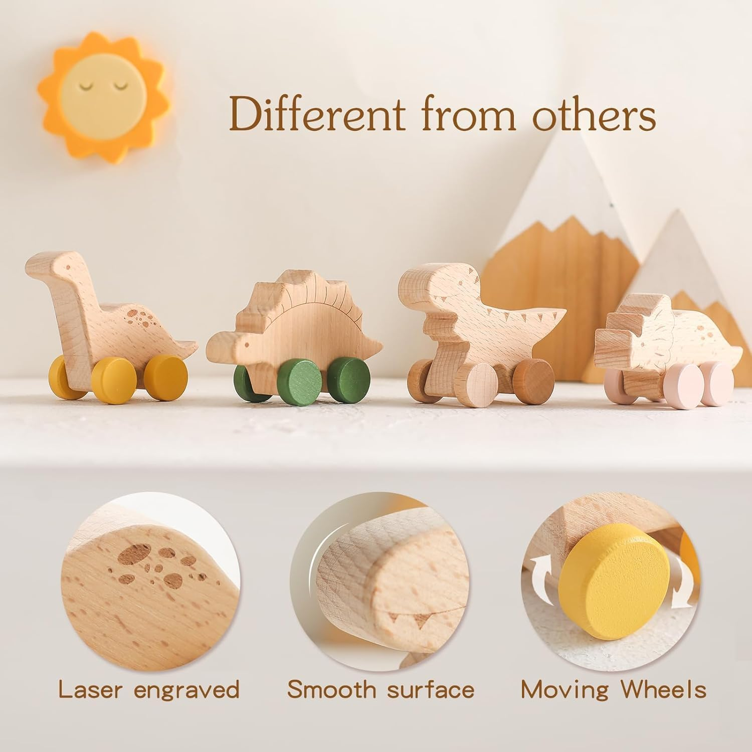 Wooden Dinosaur Cars Montessori Toys for Babies Baby Push Car Toys Wooden Vehicles Development and Infant Grasping (3PCS) image number 3