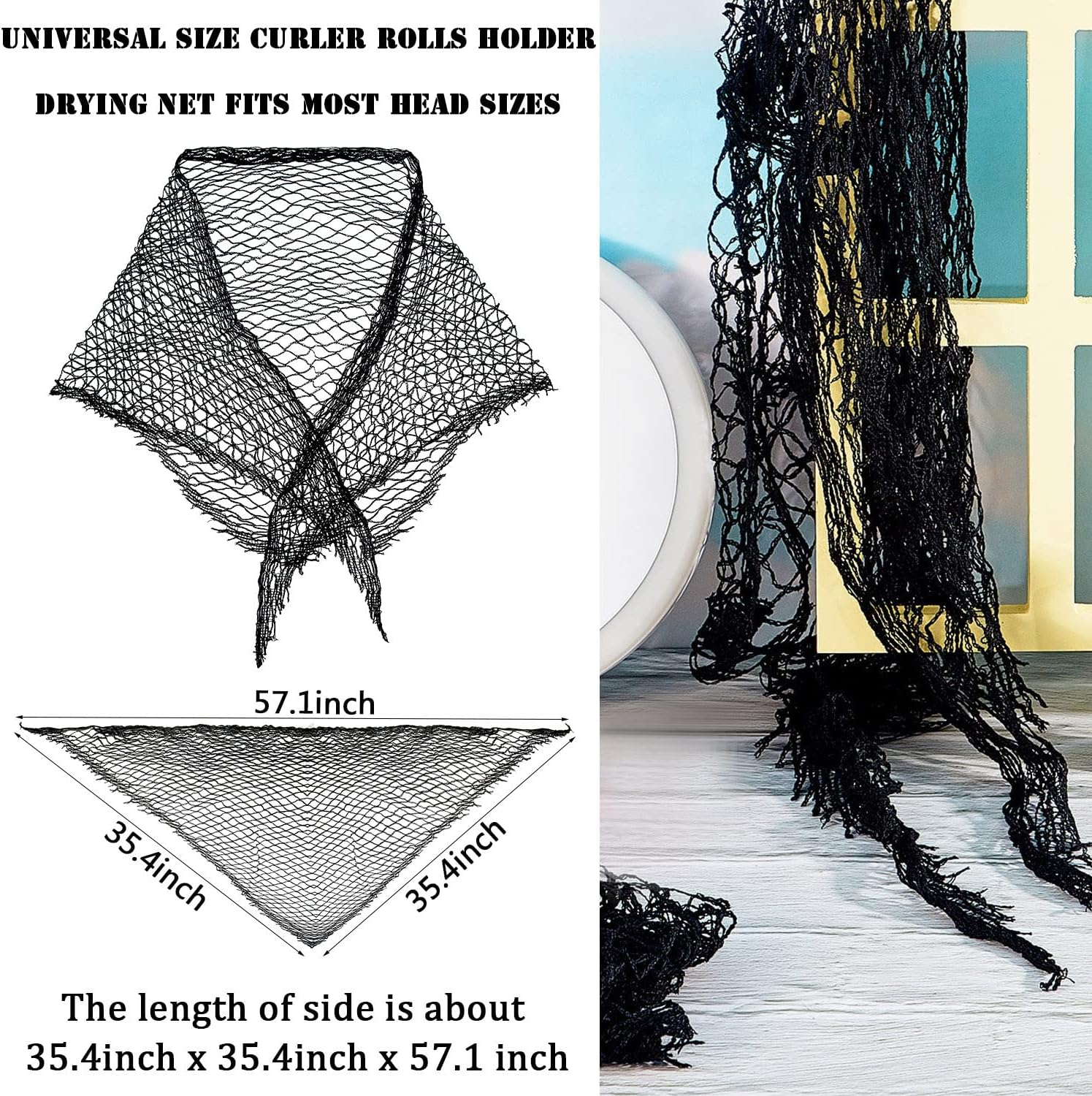 2 Pieces Cotton Triangle Hair Net for Rollers, Women Hair Net Mesh Hair Net Sleeping Crochet Hair Net Women Sleep Net Triangular Hair Setting Net for Sleeping, Black, 35 X 35 X 57 Inches