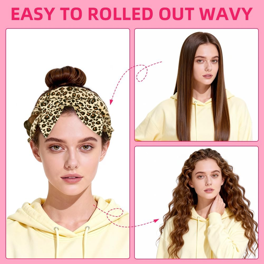 AOOWU Overnight Curlers, 9 Pieces Velvet Heatless Overnight Curls with Headband Curls Band for Sleeping, Band Curls without Heat, 70 Inch Hair Rollers DIY for Long Medium Hair, Leopard Print image number 6