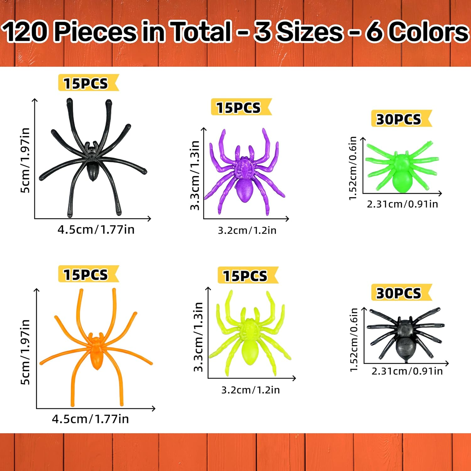 VOVEA Plastic Spiders Halloween Decorations, 120PCS Halloween Colorful Fake Spiders in 6 Styles, Realistic Small Spiders Halloween Prank Kit Props for Halloween Party Decorations Supplies image number 5