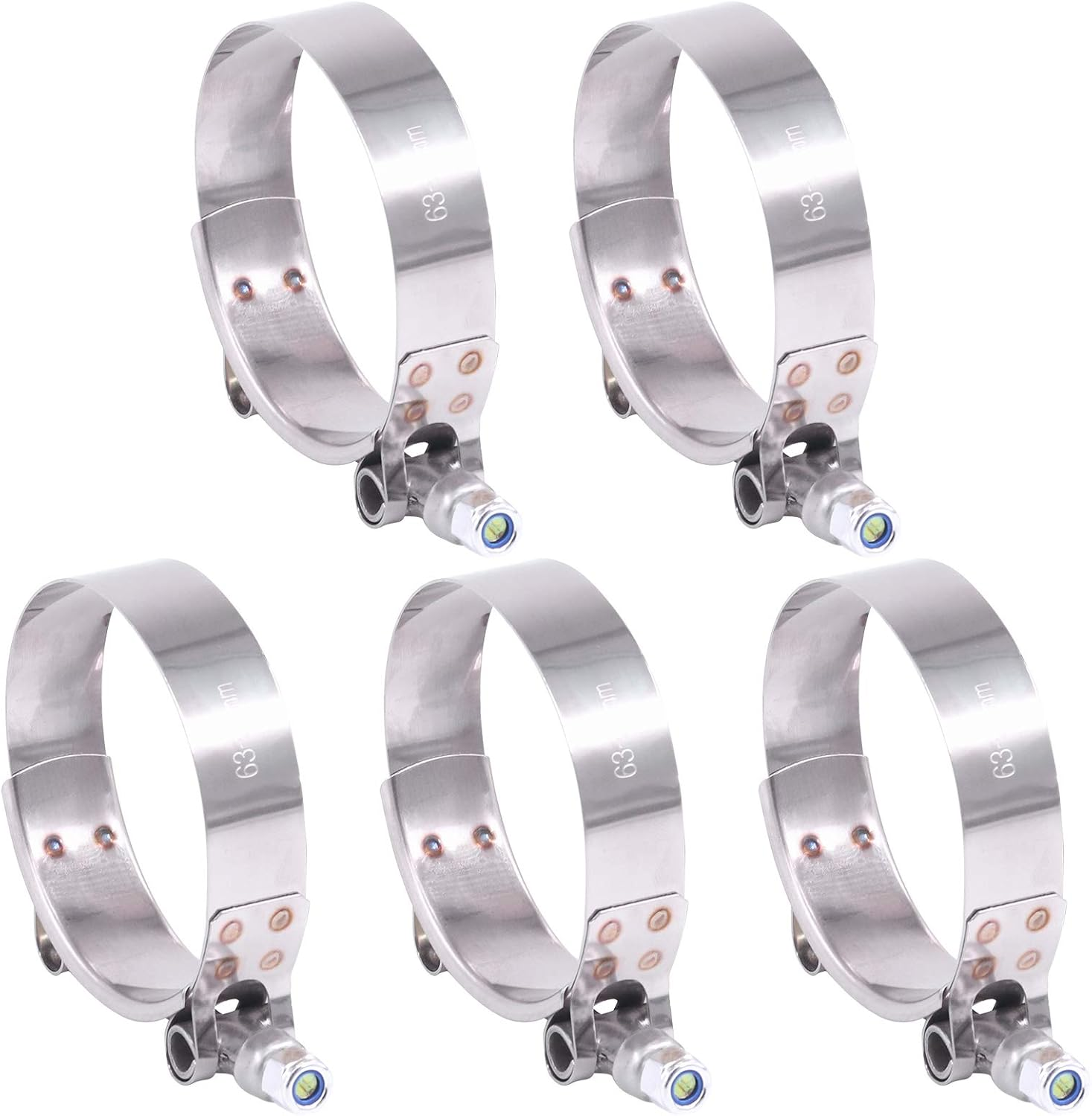 Hilitchi 5Pcs Stainless Steel T-Bolt Clamps with Rounded Band Edges Heavy Duty Turbo Intake Intercooler Clamp (63-71MM) for 2 1/4 Inch image number 4