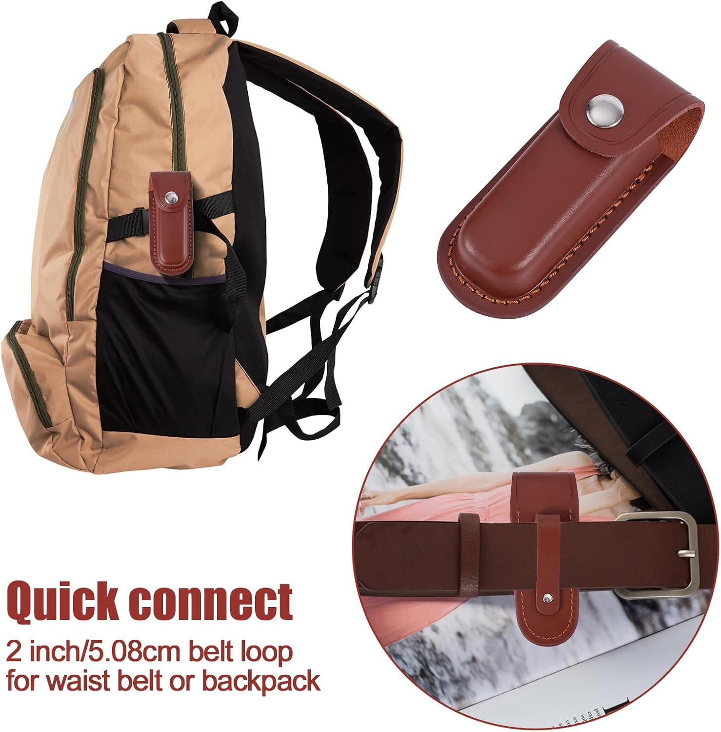 Leather Knife Sheath for Belt, 4.84X2.05 Inch Folding Leather Knife Holder Portable Pocket Knife Sheath Practical Knife Holster for Cycling, Hiking, Mountaineering, Camping (Brown) image number 3
