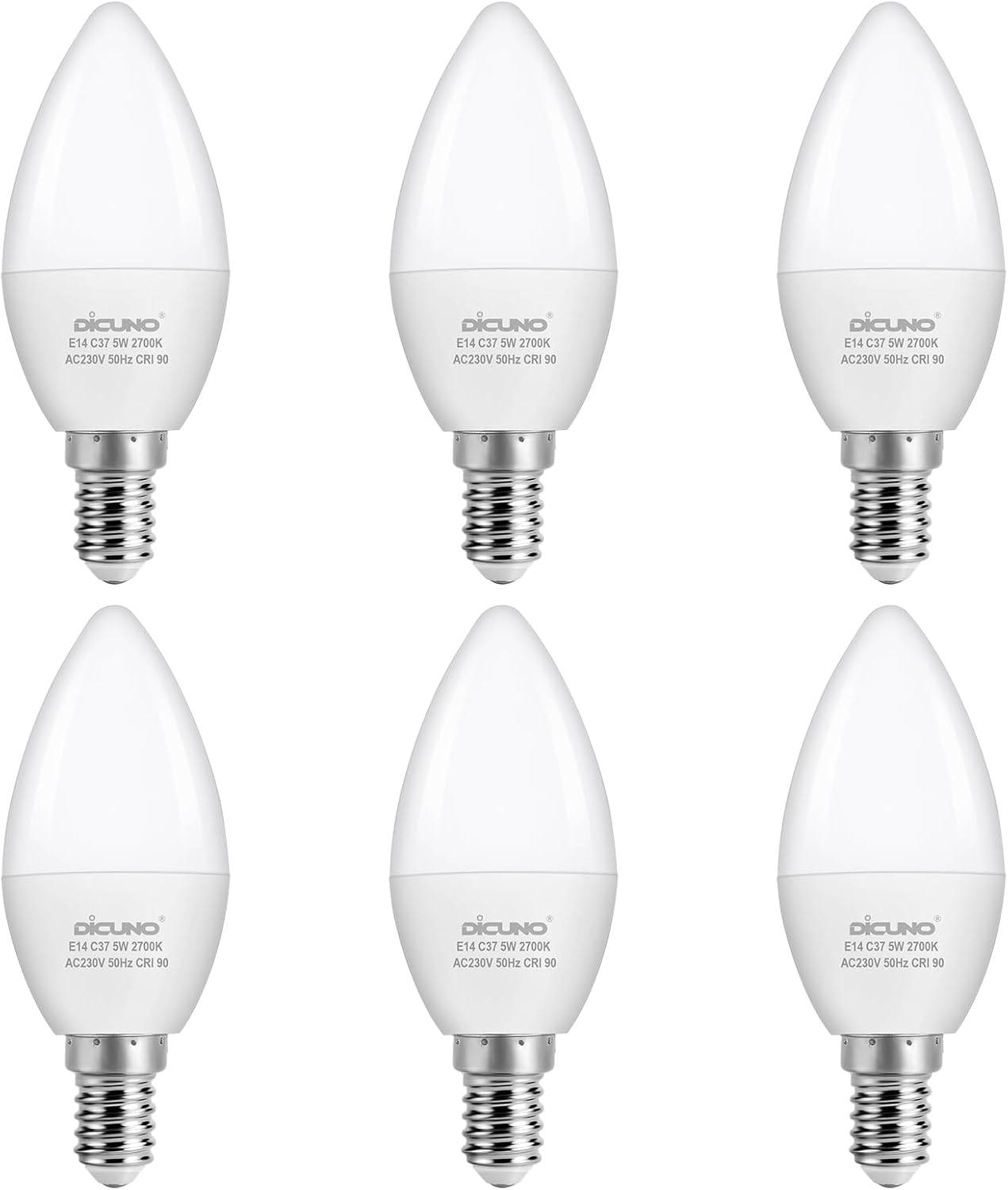 Dicuno E14 Bulb, 5W Small Edison Screw Candle Light Bulbs, 550LM, 50W Incandescent Equivalent, Warm White 2700K, CRI90, SES C37 E14 LED for Chandeliers, Pack of 6