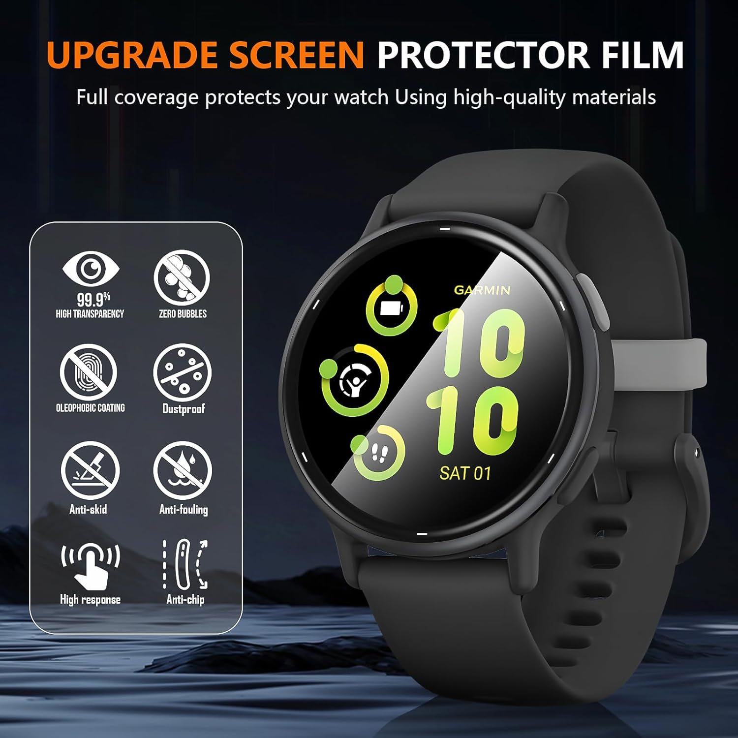 Suoman 5+2 Pack for Garmin Vivoactive 5 Screen Protector, 3D Full Coverage PMMA Curved Ultra Clear Protective Film(5)+Anti-Dust Plugs(2), Anti-Scratch, No Bubble Compatible with Garmin V&iacute;voactive 5 image number 1