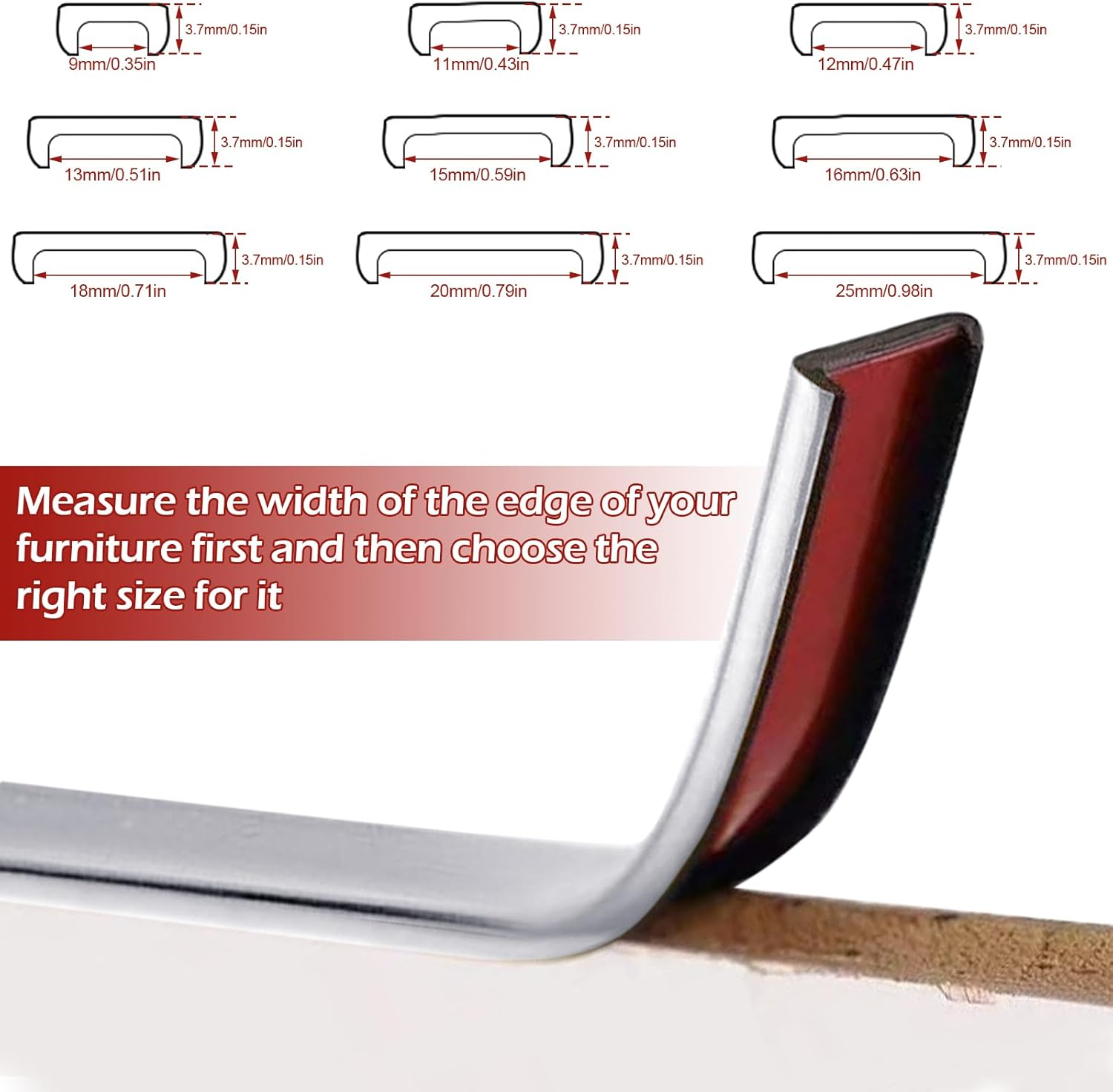 U-Shape Edge Banding, 5M/16.4Ft Self Adhesive Waterproof Metallic Flexible Furniture Edge Protector, Soft Protective Edging Trim for Cabinet, Table (Silver, 15Mm) image number 5