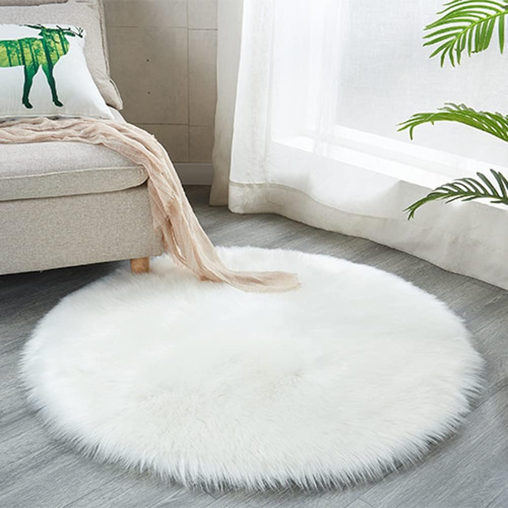 Soft Faux Sheepskin Fur Rug Fluffy Faux Fur Area Rug round Floor Mat Luxury Carpet Chair Cover Seat Pad for Holiday Chistmas Tree Skirt Shaggy Rug Bedroom Sofa Living Room (90Cm, White)