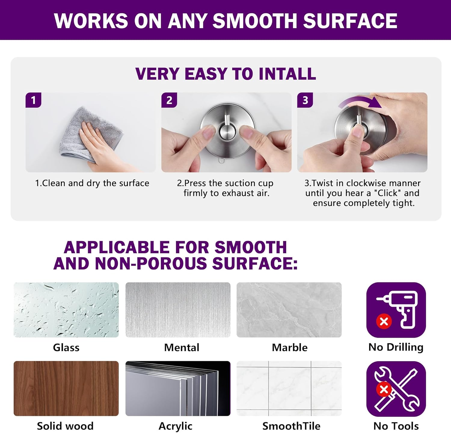 JOMOLA Suction Shower Hooks, No-Drill Bath & Spa Accessory, Brushed Steel Waterproof Wall Mount for Towels, Robes - Rustproof Strong Hold for Caravan, Gym, Home (4-Pack) image number 6