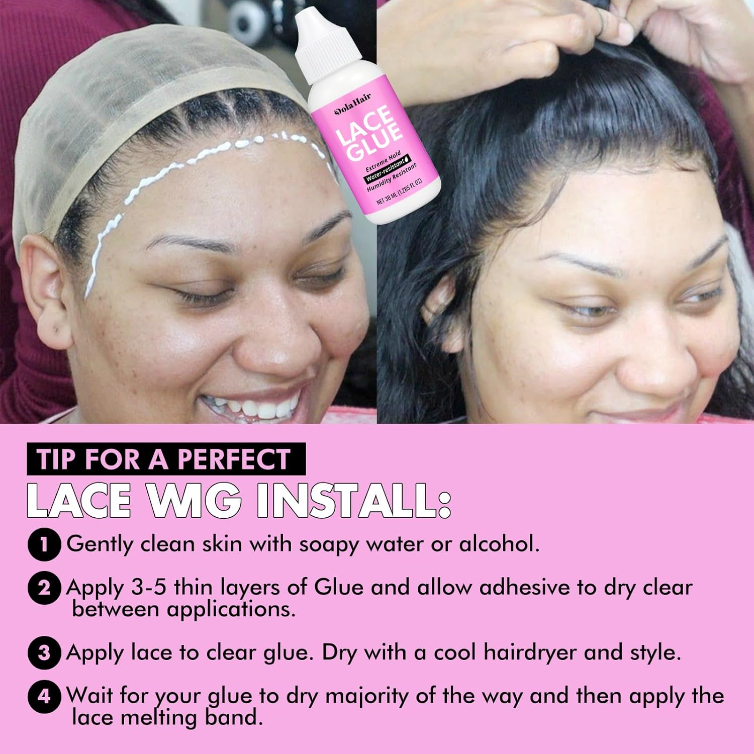 Dolahair Extreme Hold Lace Glue for Wigs, Waterproof, Invisible Bonding, 1.3 Ounce image number 4