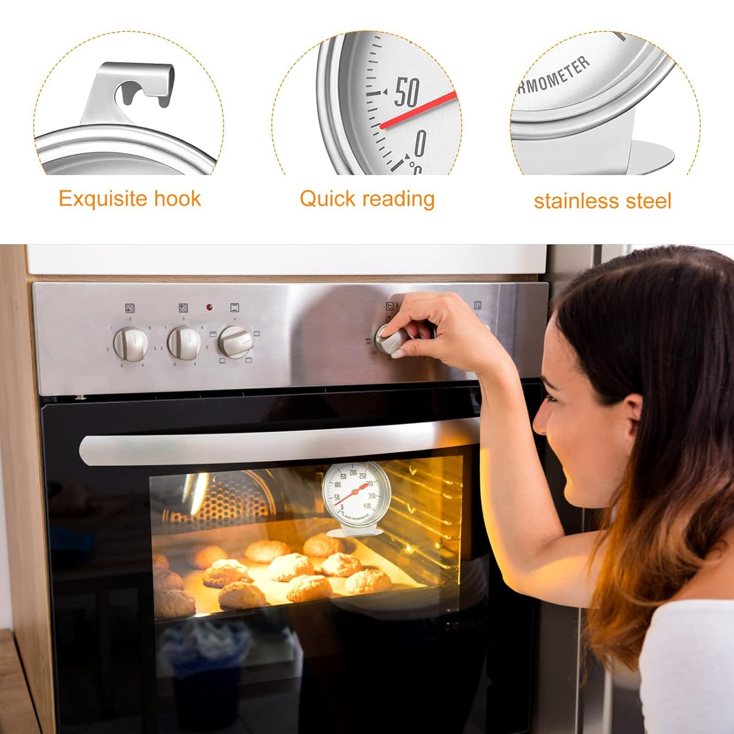 Oven Thermometer, 0-400&deg;C, Oven Grill Fry Chef Smoker Analog Thermometer Instant Read Stainless Steel Kitchen Cooking Thermometer image number 4
