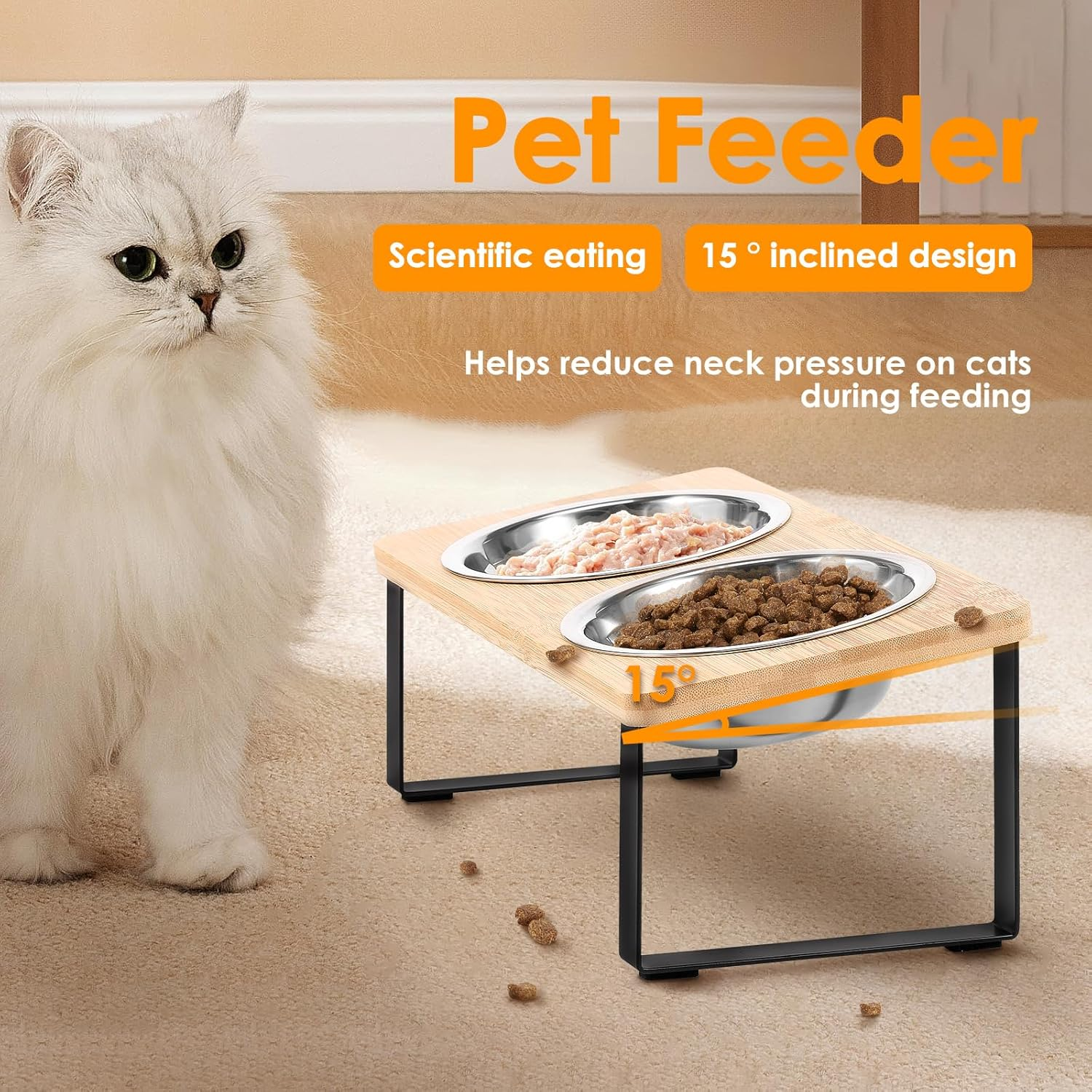 Elevated Cat Bowls Raised Cat Food Bowls 15 &deg;Tilted Pet Bowl Feeder Adjustable Dog Cat Water Bowls with 2 Stainless Steel Bowls for Dry Wet Protect Pet'S Spine, Whisker Stress Free anti Vomiting image number 2