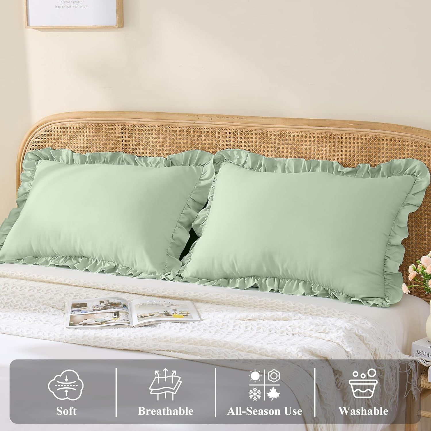 LINENOVA Ruffled Pillow Cases Set of 2 - Standard Size 48X74Cm - Ultra Soft Microfiber 2000TC Pillowcase - Pillow Cover with Envelope Closure - Sage Green image number 4