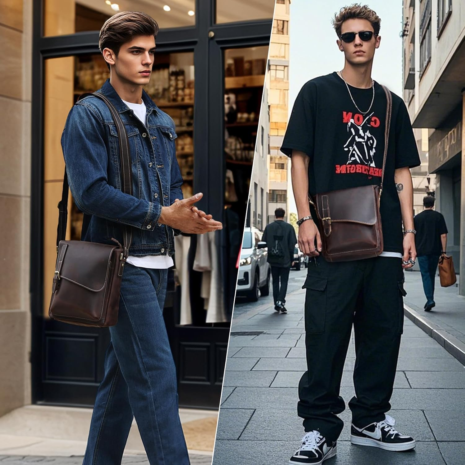 TIDING Vintage Leather Crossbody Bag for Men Women Messenger Bag Fits 10 Inch Tablet Flap over Man Purse Handbag image number 5