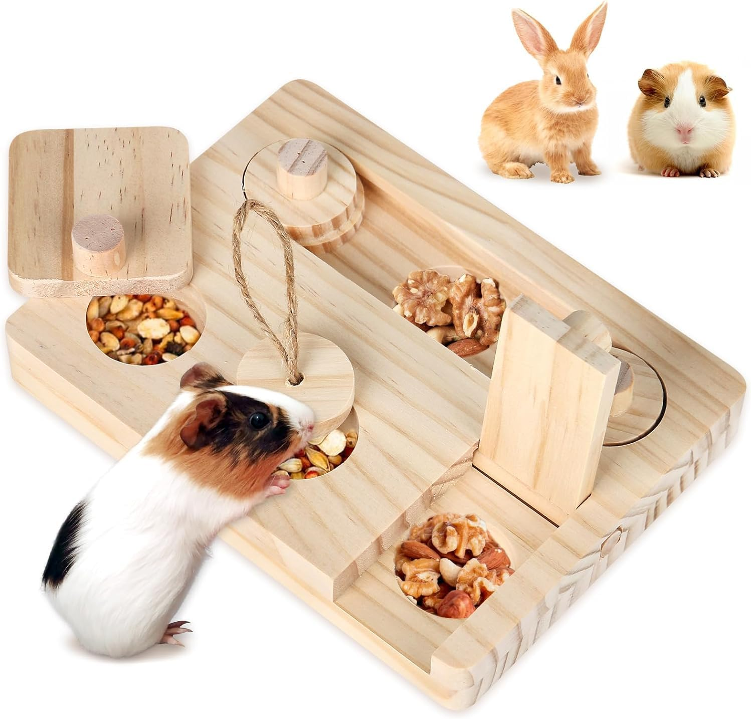 6 in 1 Small Animal Foraging Toys, Wooden Interactive Enrichment Treat Dispenser Set for Rabbits, Guinea Pigs, Hamsters, Chinchillas, Rats & Gerbils image number 2