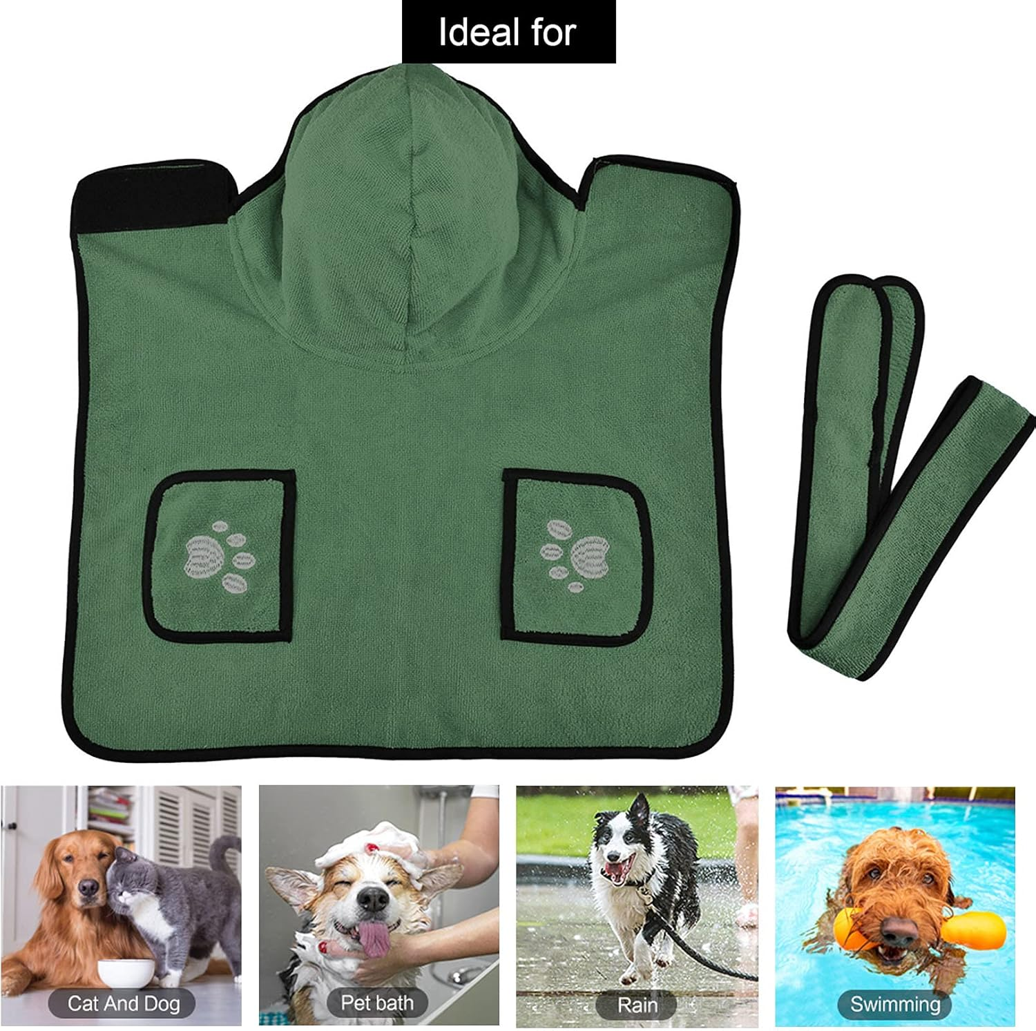 Zunea Dog Bathrobe Towel for Drying Dogs Absorbent Bath Robe Poncho with Hood Pet Hoodie Bath Towel with Adjustable Strap and Pockets for Small Medium Large Dogs Cats for Bathing Grooming Green XL image number 5