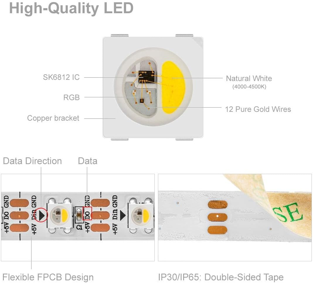Btf-Lighting RGBW RGBNW Natural White SK6812 (Similar WS2812B) 16.4Ft 5M 60Leds/Pixels/M Individually Addressable Flexible 4 Color in 1 LED Dream Color LED Strip Non-Waterproof DC5V image number 1