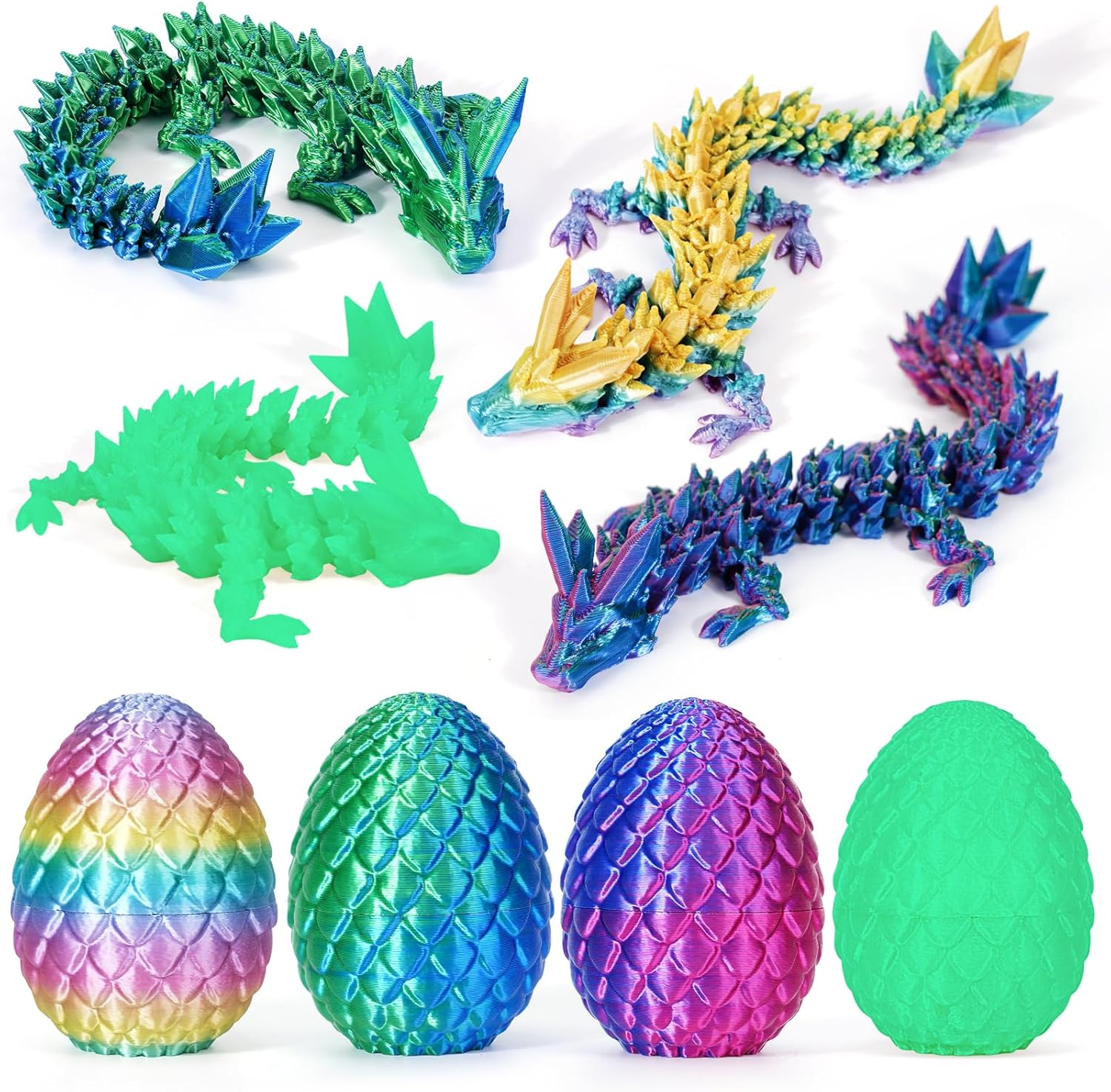 4PCS 3D Printed Dragon Eggs with Dragon Inside, Mini Mystery Dragon Egg Articulated Crystal Dragon Fidget Toy, Surprise 3D Printed Animals Toy Set (4-Piece Set-B)