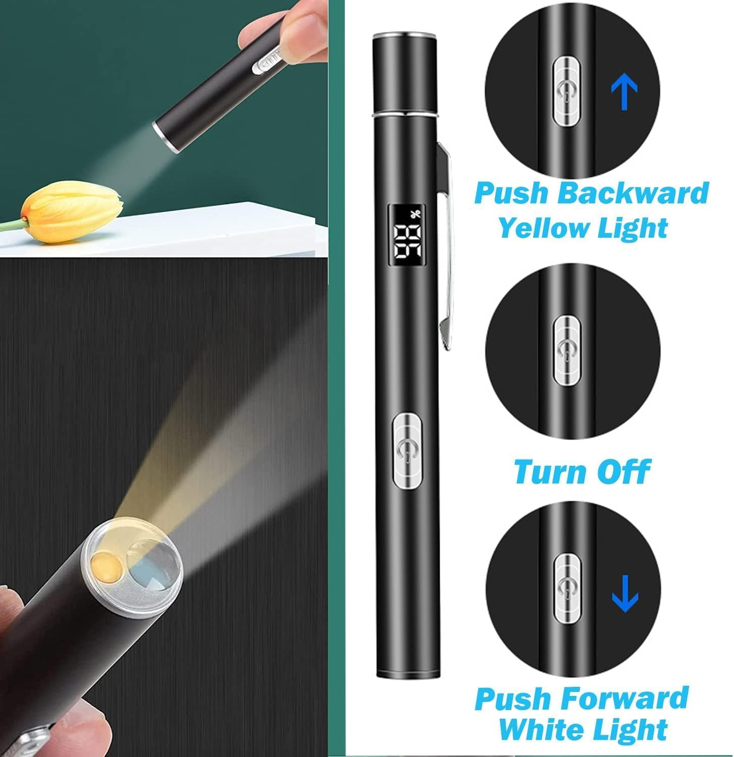 YUENTOEN 2Pcs LED Torch, Pen Light, USB Rechargeable LED Pocket Pen Light Flashlight for Home and Outdoor Activities (Silver+Black) ﻿ image number 3