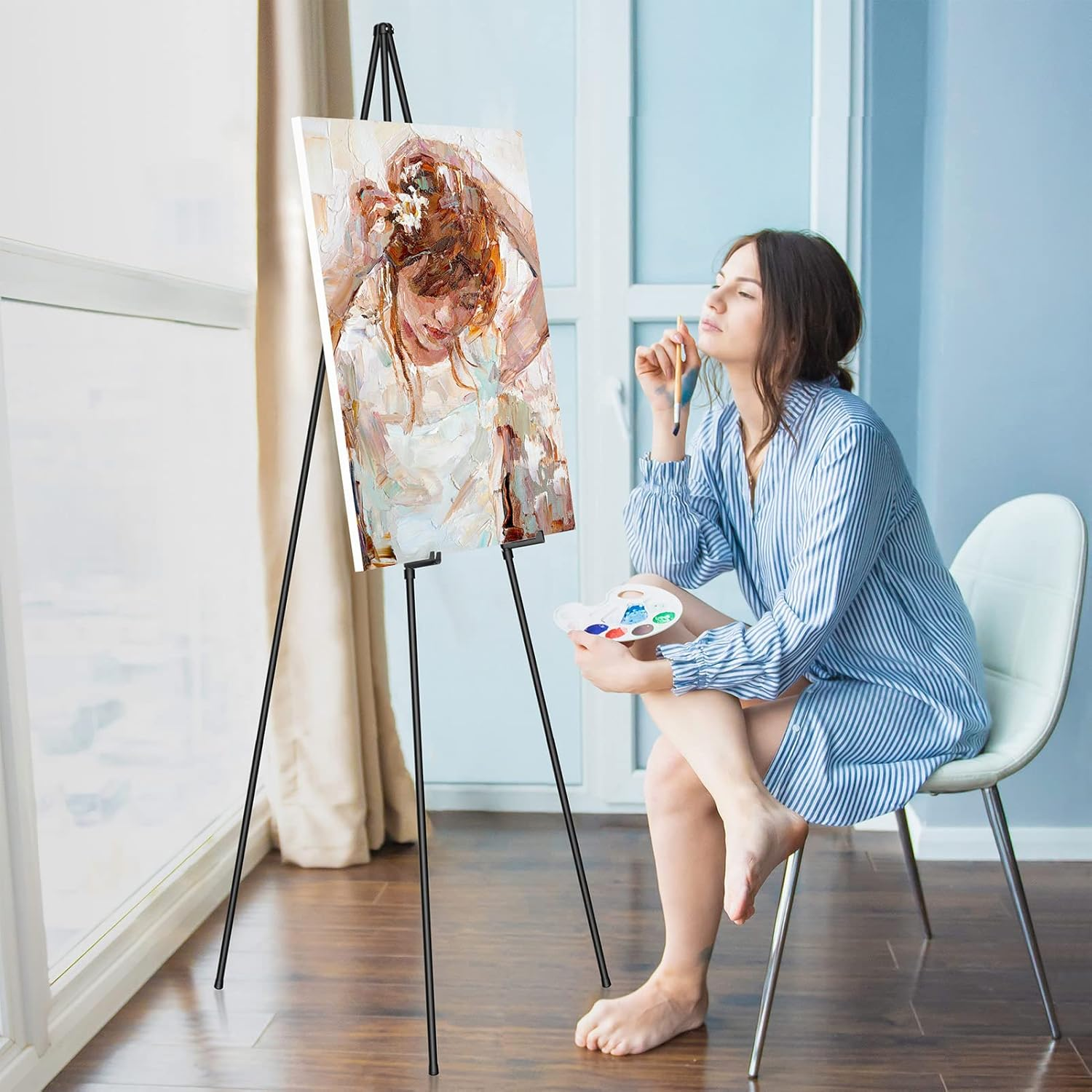 Sunyesyo Display Black Easel Stand for Wedding Sign - Artist Instant Tripod Collapsible Portable Floor Easel for Posters- 63" Adjustable Easy Folding Metal Stand for Display Show, Arts, Painting