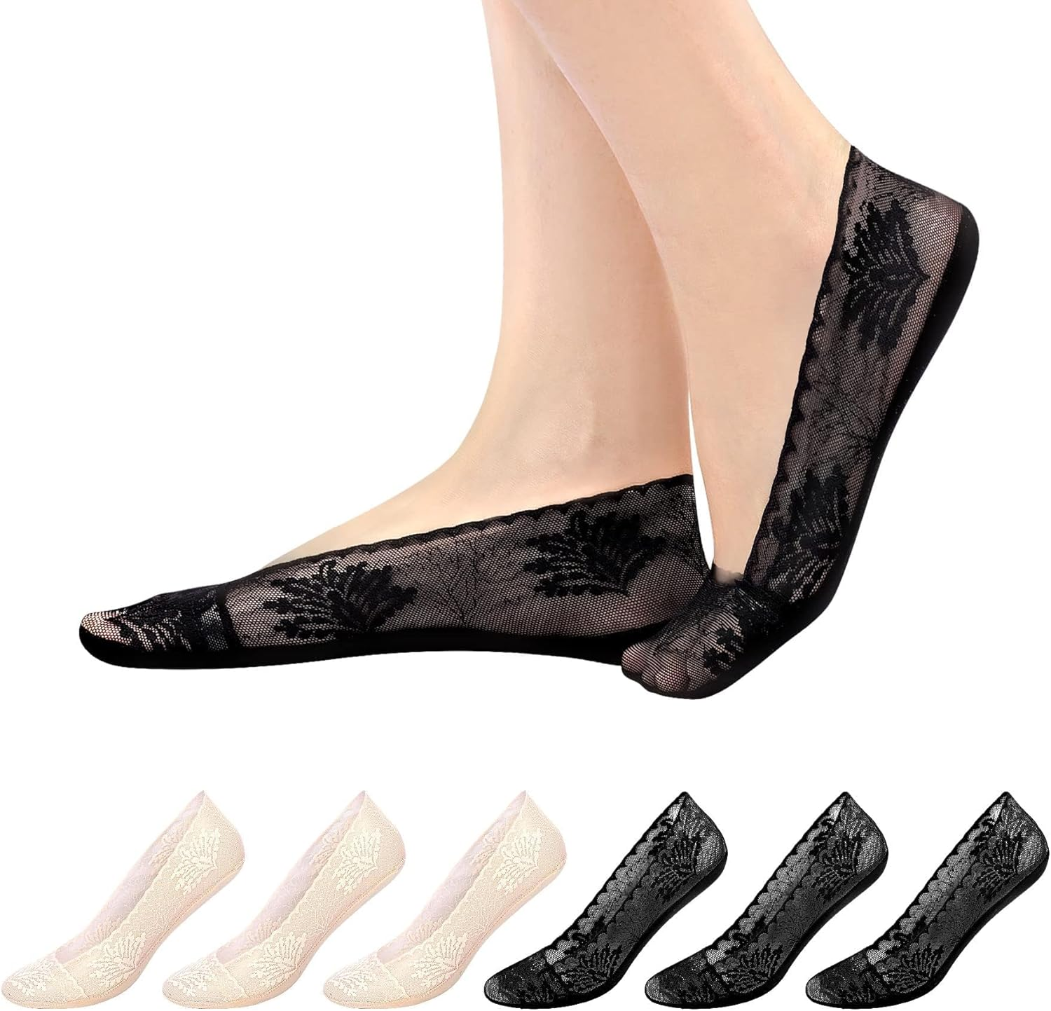 Women No Show Socks - 6 Pairs Non Slip Lace Invisible Socks, Ultra Low Cut Liner Socks Lace Boat Socks for Sneakers High-Heel Shoes