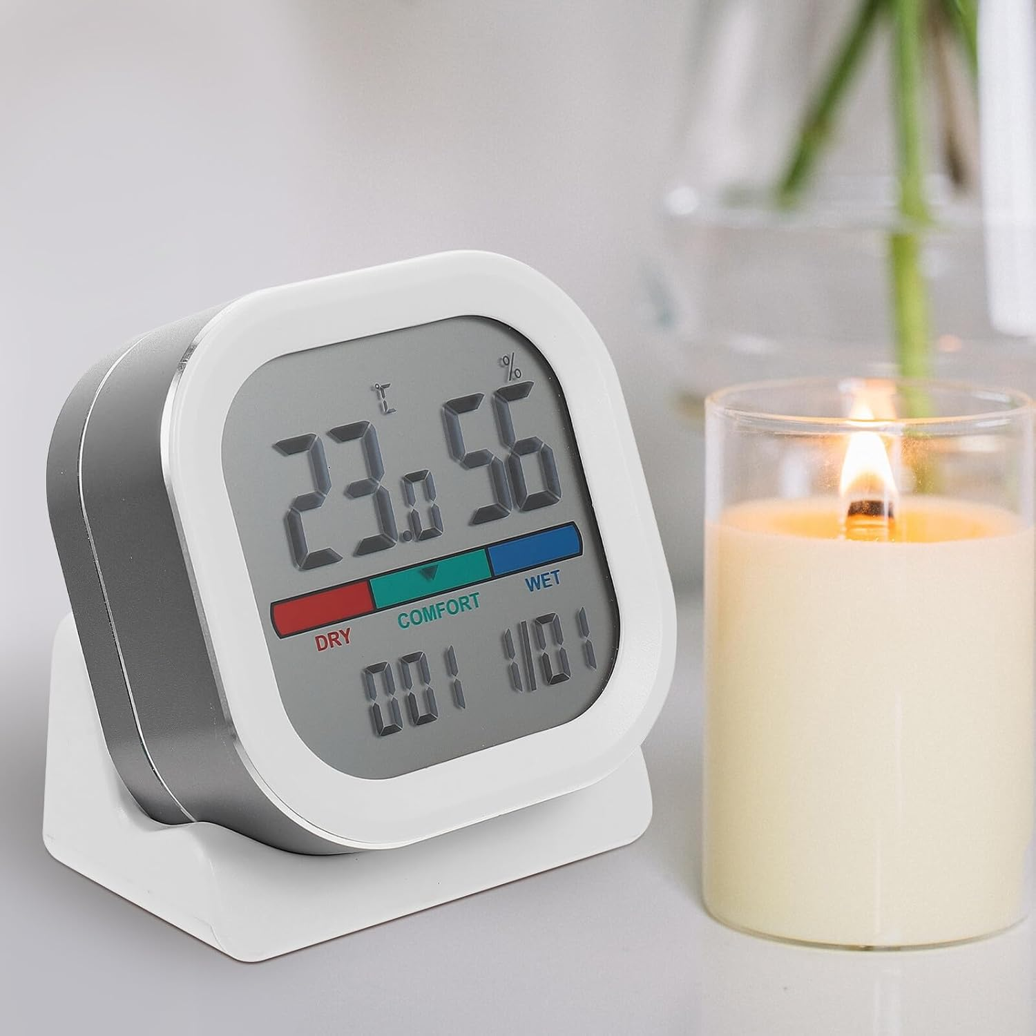 COHEALI Digital Indoor Hygrometer Thermometer with Clock Function Portable Aluminum Alloy and Abs Thermohygrometer for Home Office Easy-Read Color Display and Compact Design image number 1