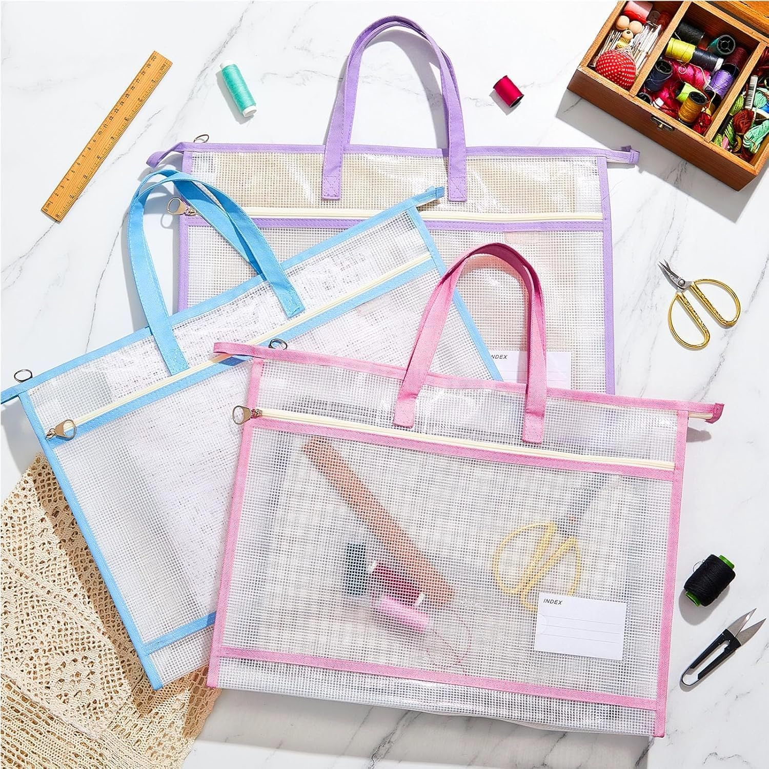 3 Pcs A3 Project Bag Mesh Zipper Pouch for Quilting Craft Storage for Quilters Clear Mesh Design Art Supply Bag Artwork Storage Organize for Artworks Charts and Teaching Material Multipurpose image number 5
