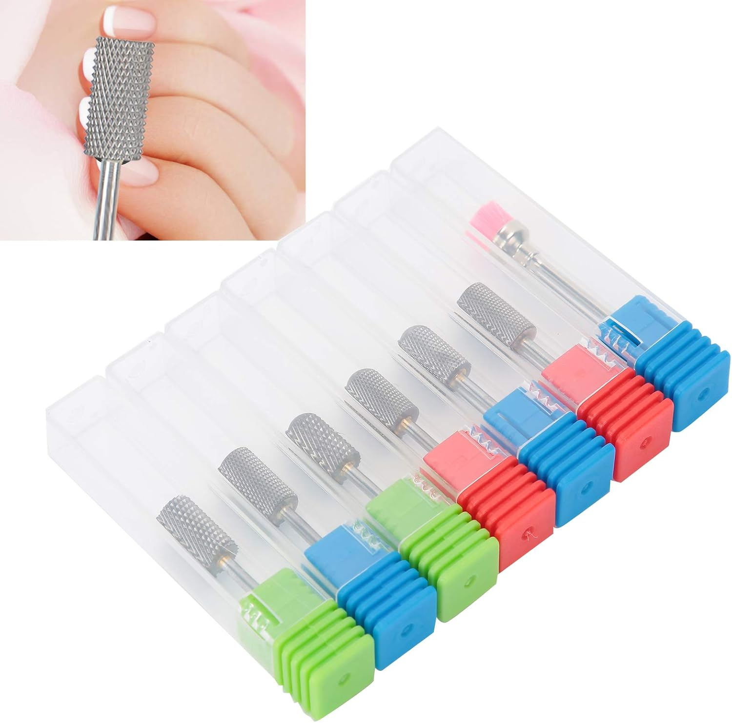 7Pcs Nail Drill Bits Set, 3/ Inch Electric Manicure Multi Functional Grinding Head, 6Pcs Tungsten Carbide Drill Bits, for Nail Polishing, Silver (2Xc & 2Xm & 2Xf & 1Pcs Brush) image number 5