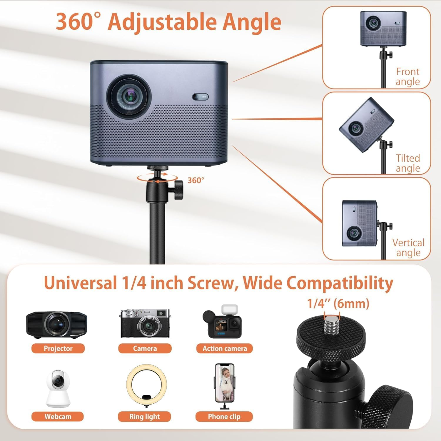 Projector Stand, Floor Mount with Adjustable Height 50-135Cm, Universal Projector Ceiling Mount 360&deg; Rotatable for Home & Office (Hiding-135Cm) image number 4