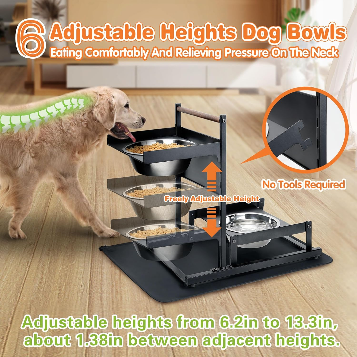 6 Height Adjustable Raised Dog Bowl Stand, ATSKIM Elevated Dog Bowls for Medium Dogs with Independent Dog Feeding Mat, Metal Dog Food Stands, Dog Feeder Station for Small Dog (Black)
