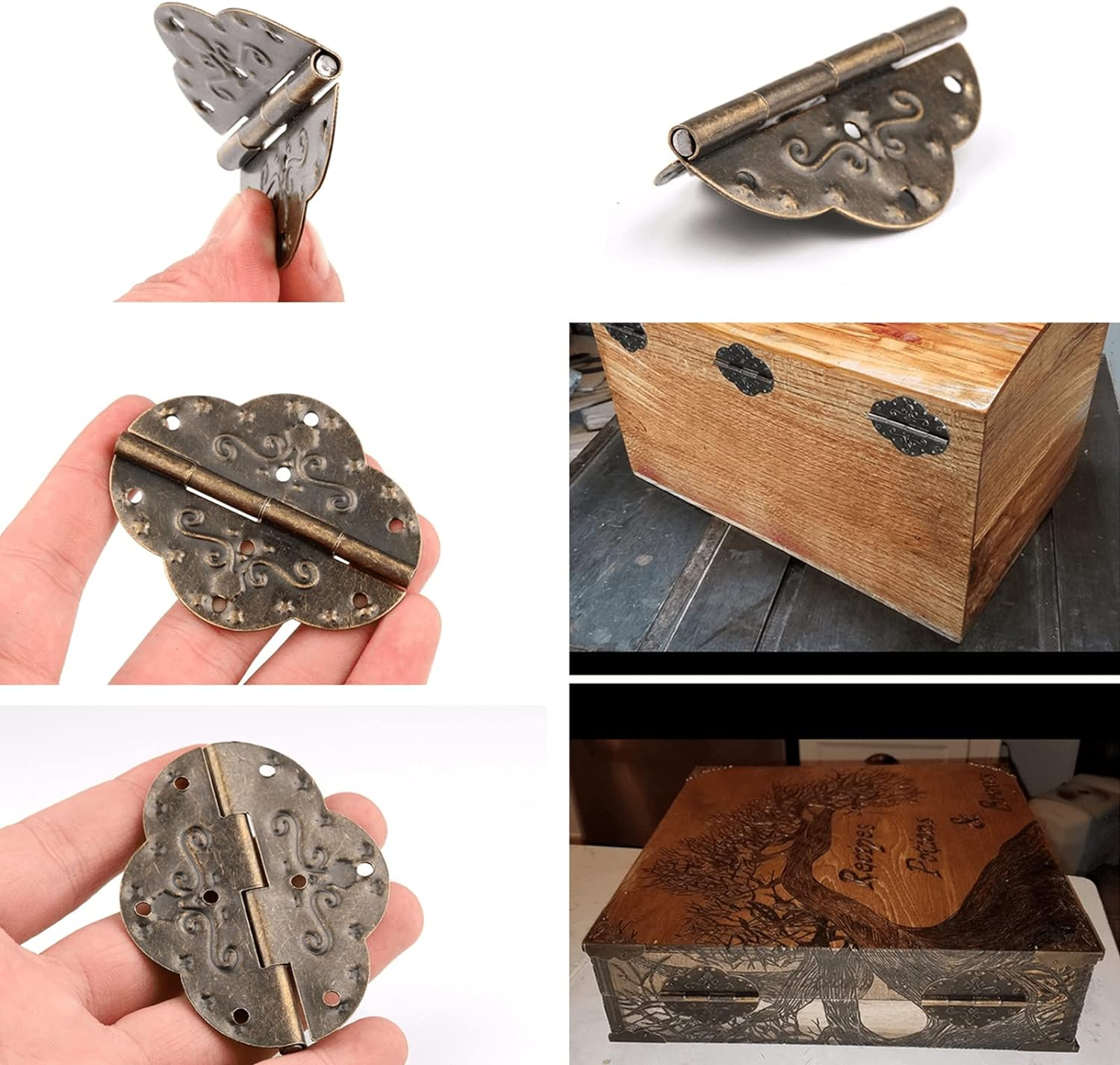 Dophee 4Pcs 2.72"X2.09" Antique Bronze Cabinet Hinges, Retro Style Iron Decorative Embossing Hinge for Wooden Jewelry Box Case image number 3