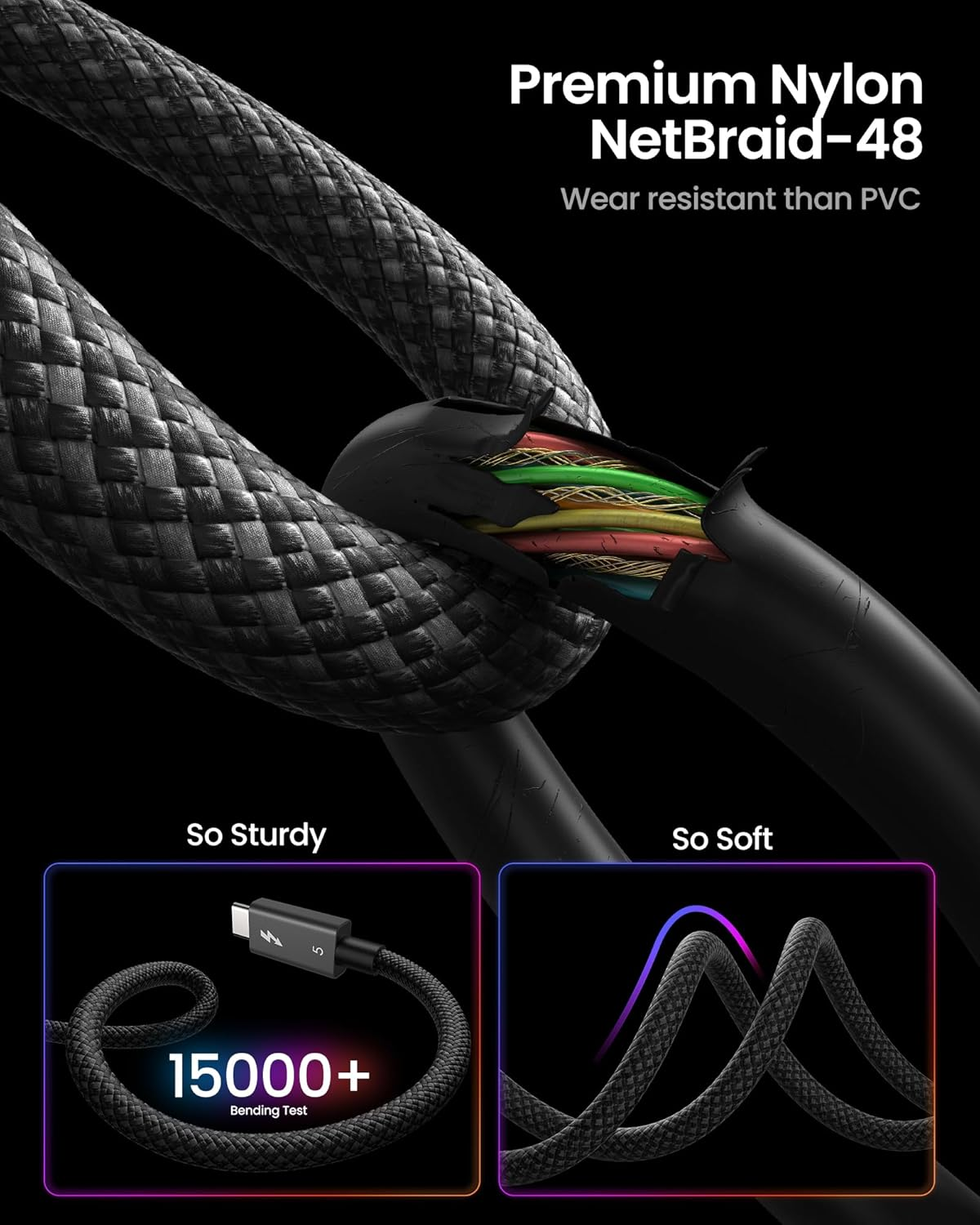 Silkland [Intel Certified] 80Gbps Thunderbolt 5 Cable Prime Braided, up to 120Gbps Bandwidth for Dual 8K/6K, 240W, Compatible for Thunderbolt 4/3, USB4, SSD, Macbook M4 Pro, Dock, Egpu, 3.3FT/1M