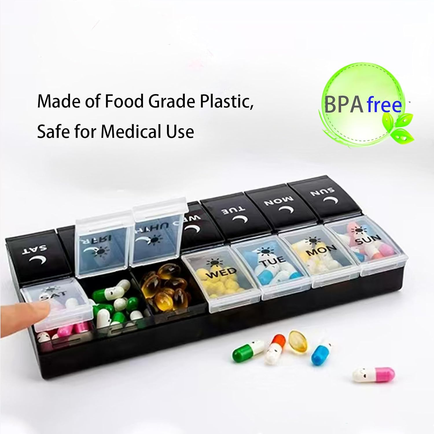 7-Day Pill Organizer with AM/PM Reminders | 14 Compartments Bpa-Free Weekly Pill Case for Fish Oil, Vitamins & Supplements | Leakproof, Travel-Size Medication Box (Dustproof & Drop-Resistant) image number 2