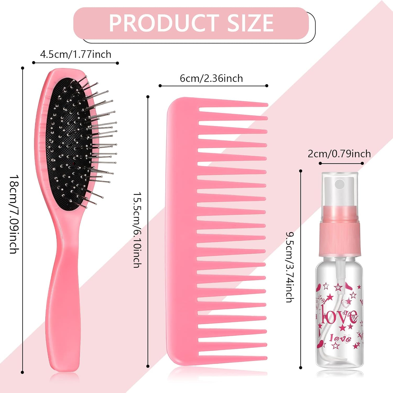 3 Pieces Hair Brush Kit for 18 Inch Doll - Wig Brushes, Wire and Plastic Brush, Comb Set with Spray Bottle for Head Care Styling Detangling Accessories (Light Pink)