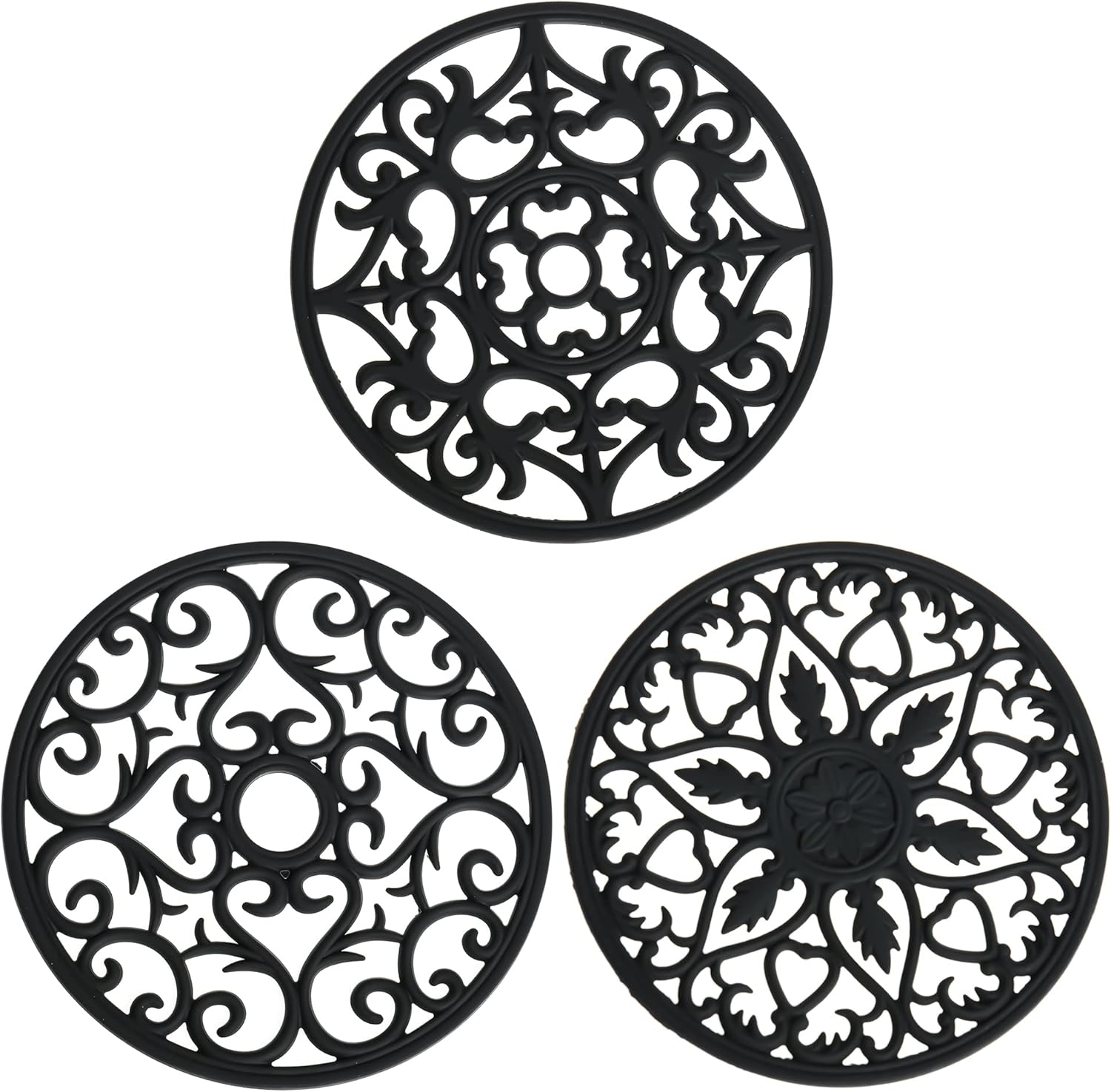 Trivets for Hot Dishes, Silicone Trivets Hot Pads for Pots and Pans, Carved Trivet for Kitchen, Multi Purpose Heat Resistant Mat, round Silicone Plate Mats Set 3 Black image number 3