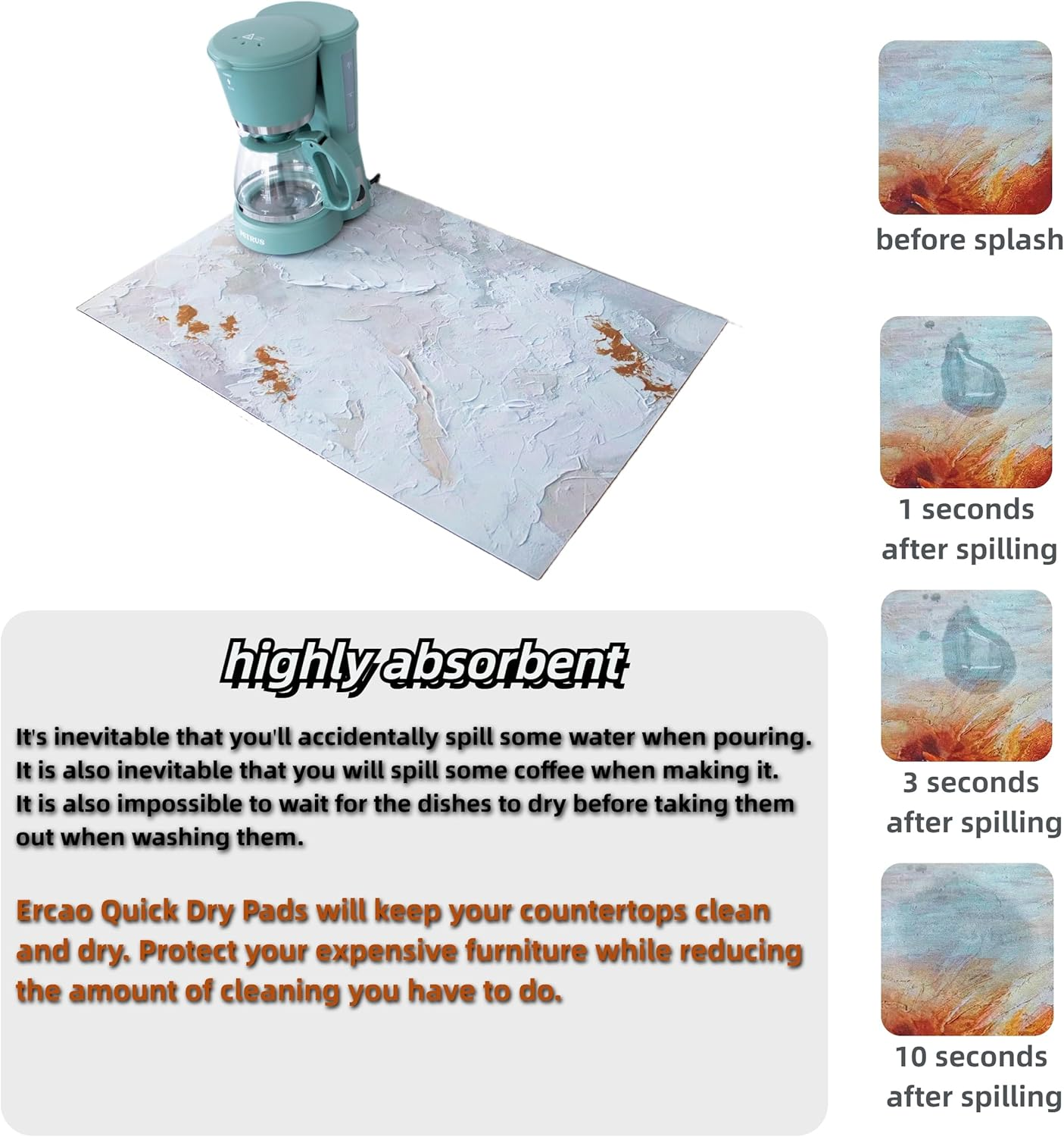 Coffee Mats,Oil Painting Style Quick Drying Mats，Kitchen Counter Dish Drying Mat，Coffee Bar Mats，Non-Slip Design，Keep Clean and Dry (Gray-White-Gold, 17.7*29.5 Inch（45Cm*75Cm）)