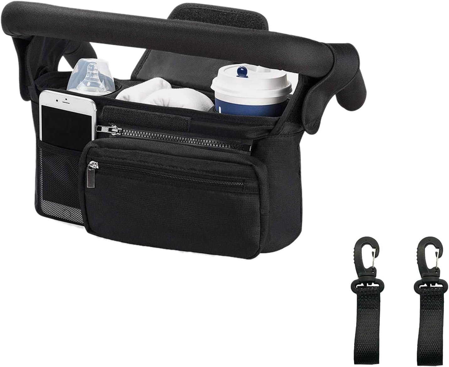 Stroller Organizer Storage Bag with Adjustable Shoulder Strap, Insulated Cup Holder and Detachable Phone Pouch, Suitable for Travel Stroller, Baby Caddy Jogger and Pet Pram, 2 Hooks