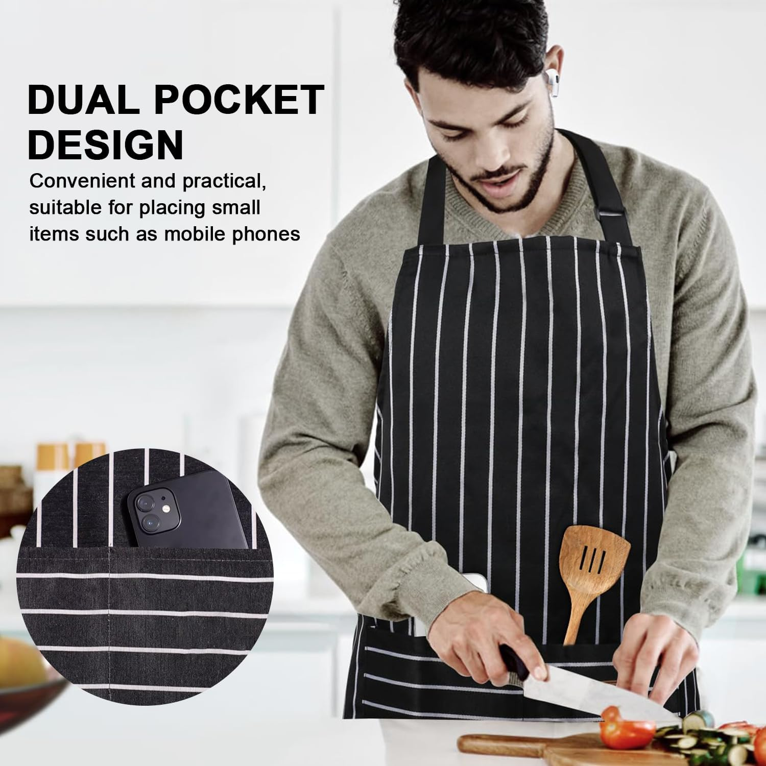 LAMCAN 2 Pack Kitchen Cooking Aprons, Adjustable Bib Apron, with 2 Pockets. Cotton Chef Adults Kitchen Bib Aprons, for Men Women, for Baking Painting Gardening Cleaning image number 3