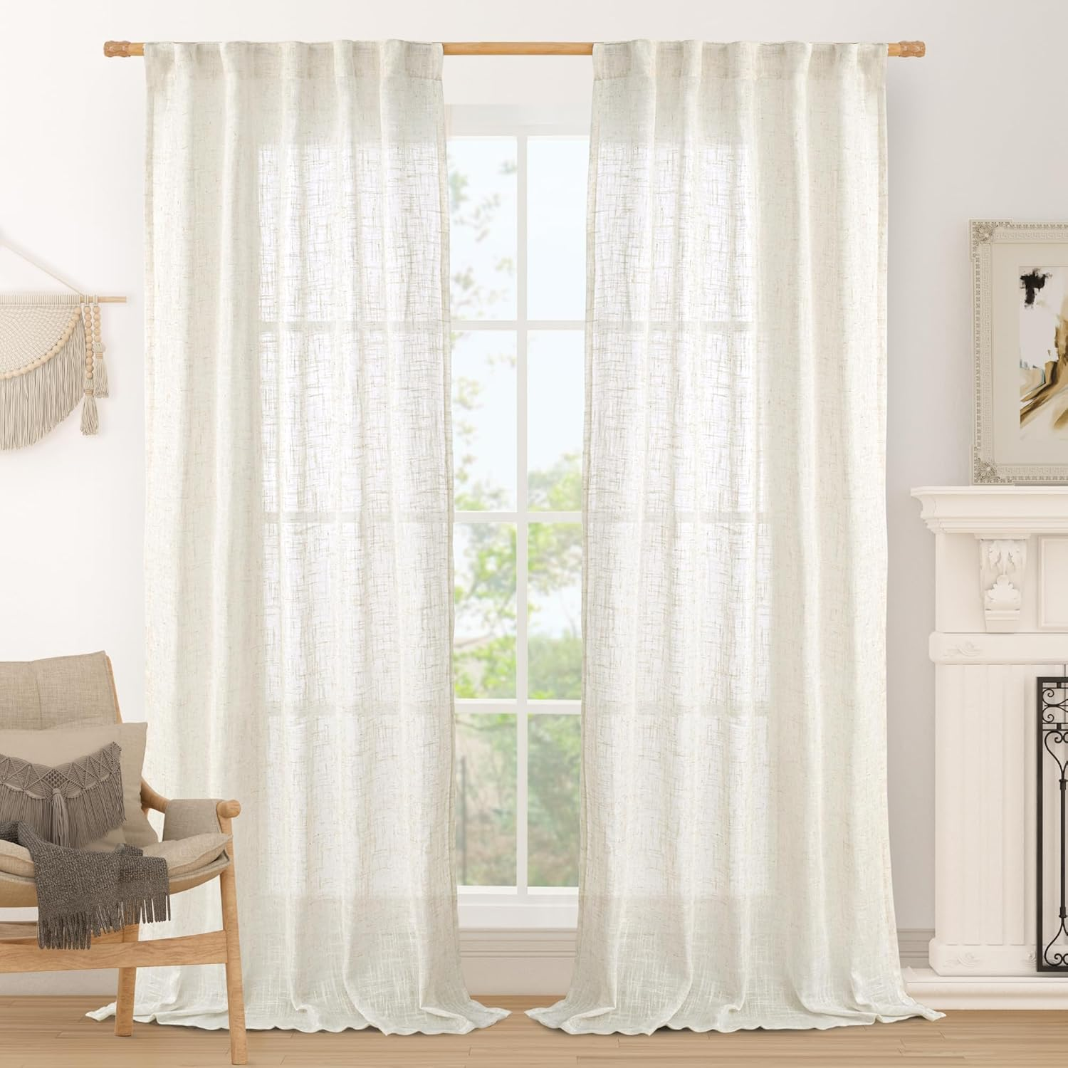 LAMIT Cream Linen Curtains for Living Room 84 Inch Length 2 Panels, Light Filtering Semi Sheer Panels Back Tab and Rod Pocket Boho Drapes for Bedroom/Farmhouse, 42 X 84 Inch image number 6